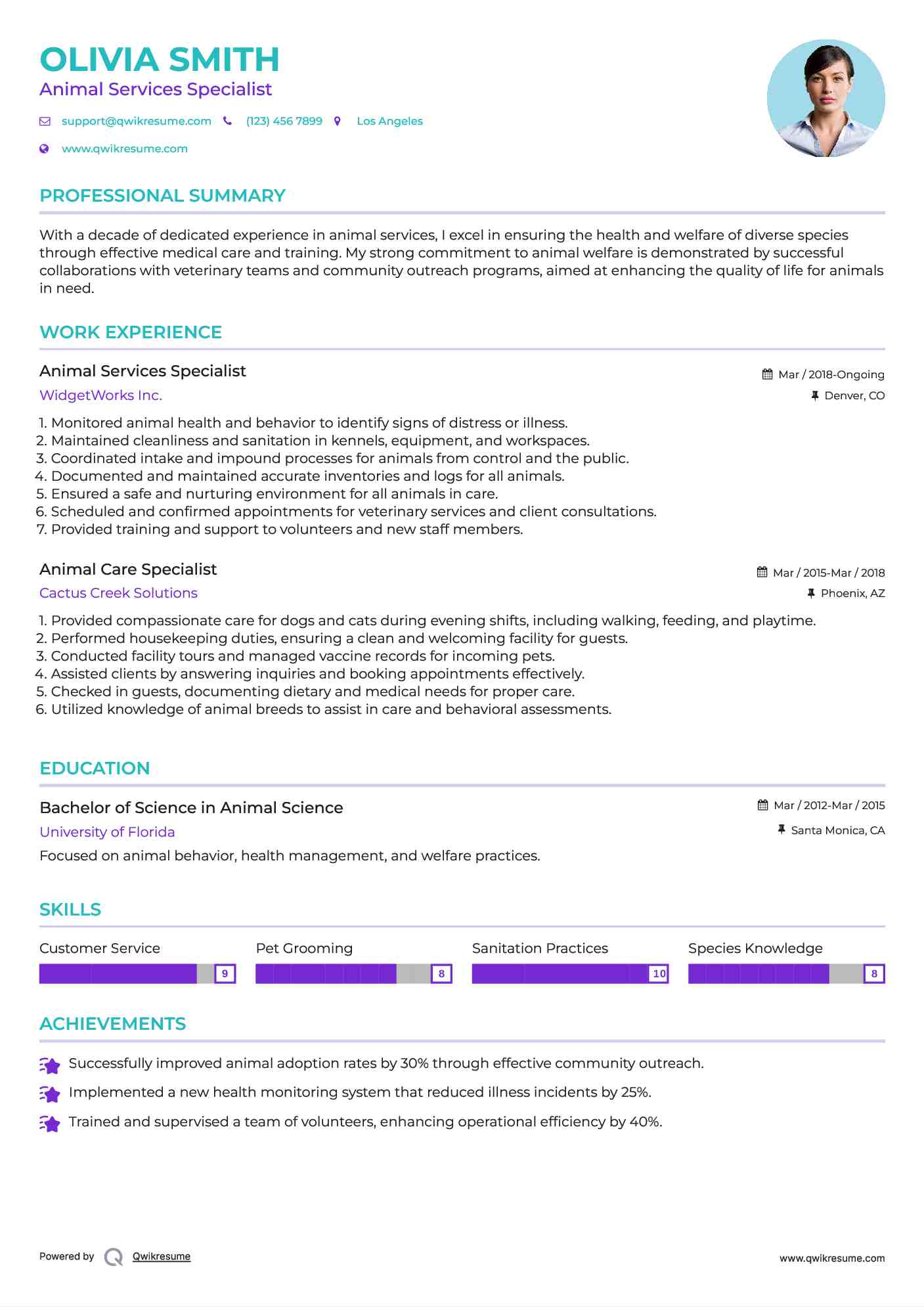 Animal Services Specialist Resume Model