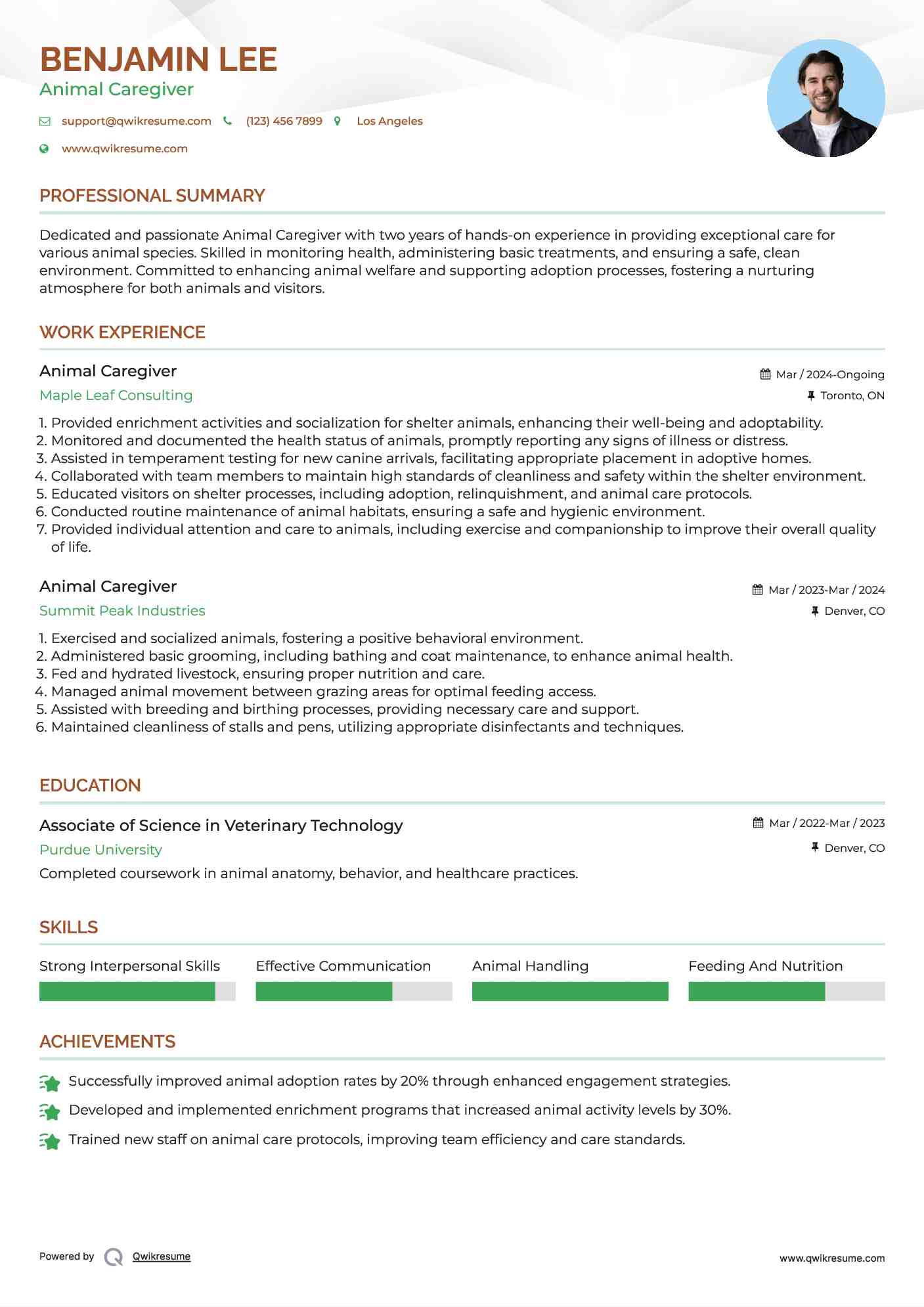 Animal Caregiver Resume Format