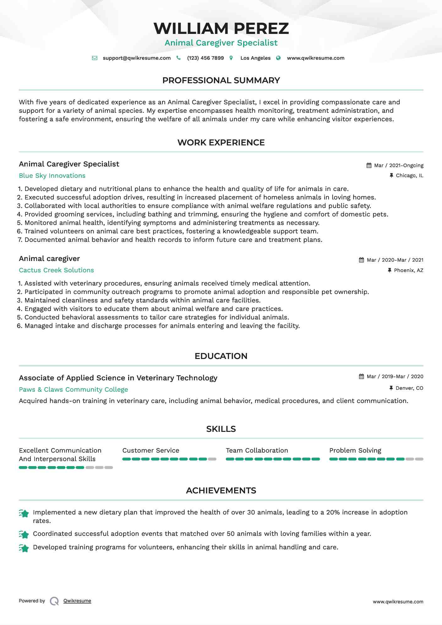 Animal Caregiver Specialist Resume Sample
