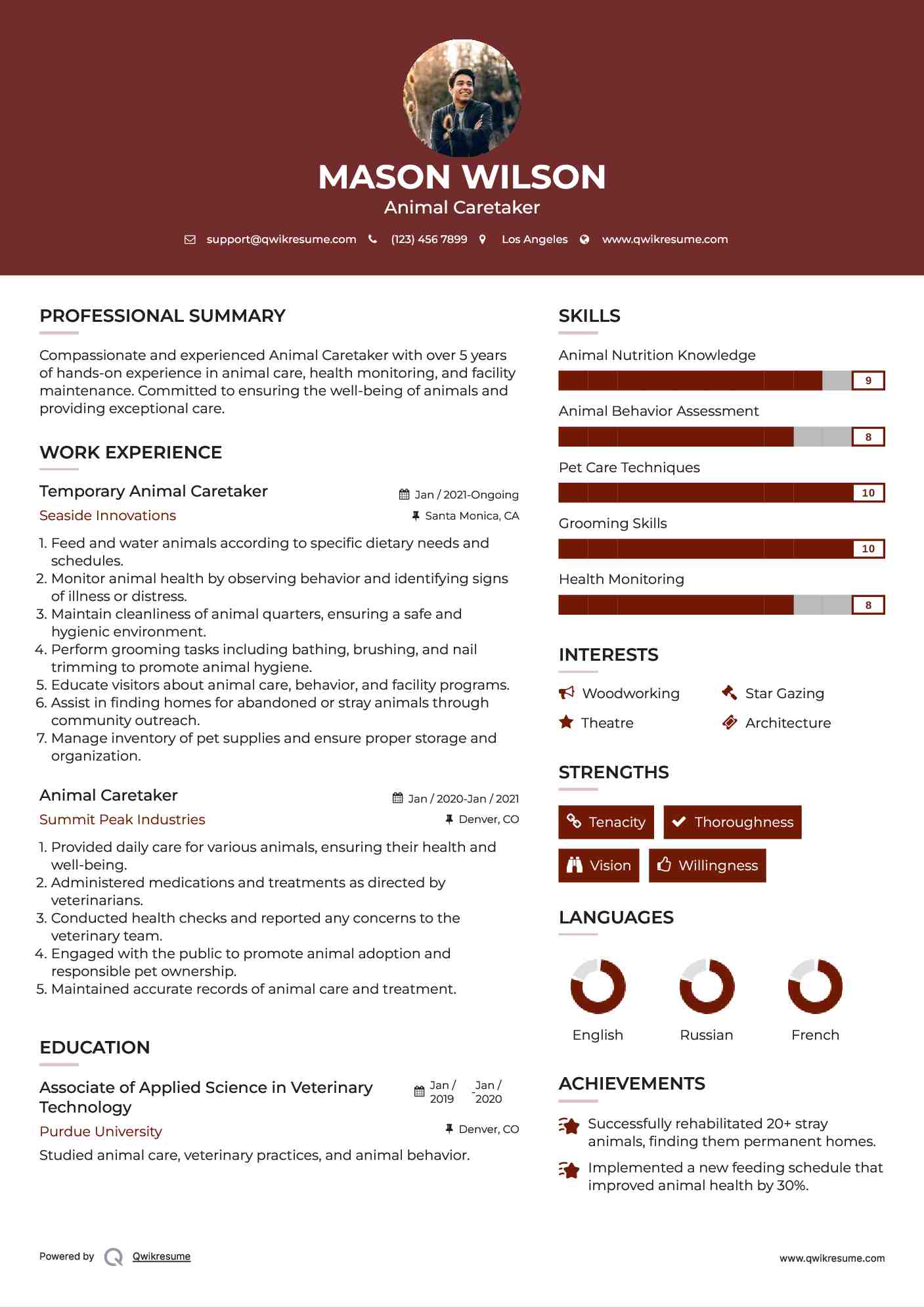 Temporary Animal Caretaker Resume Example