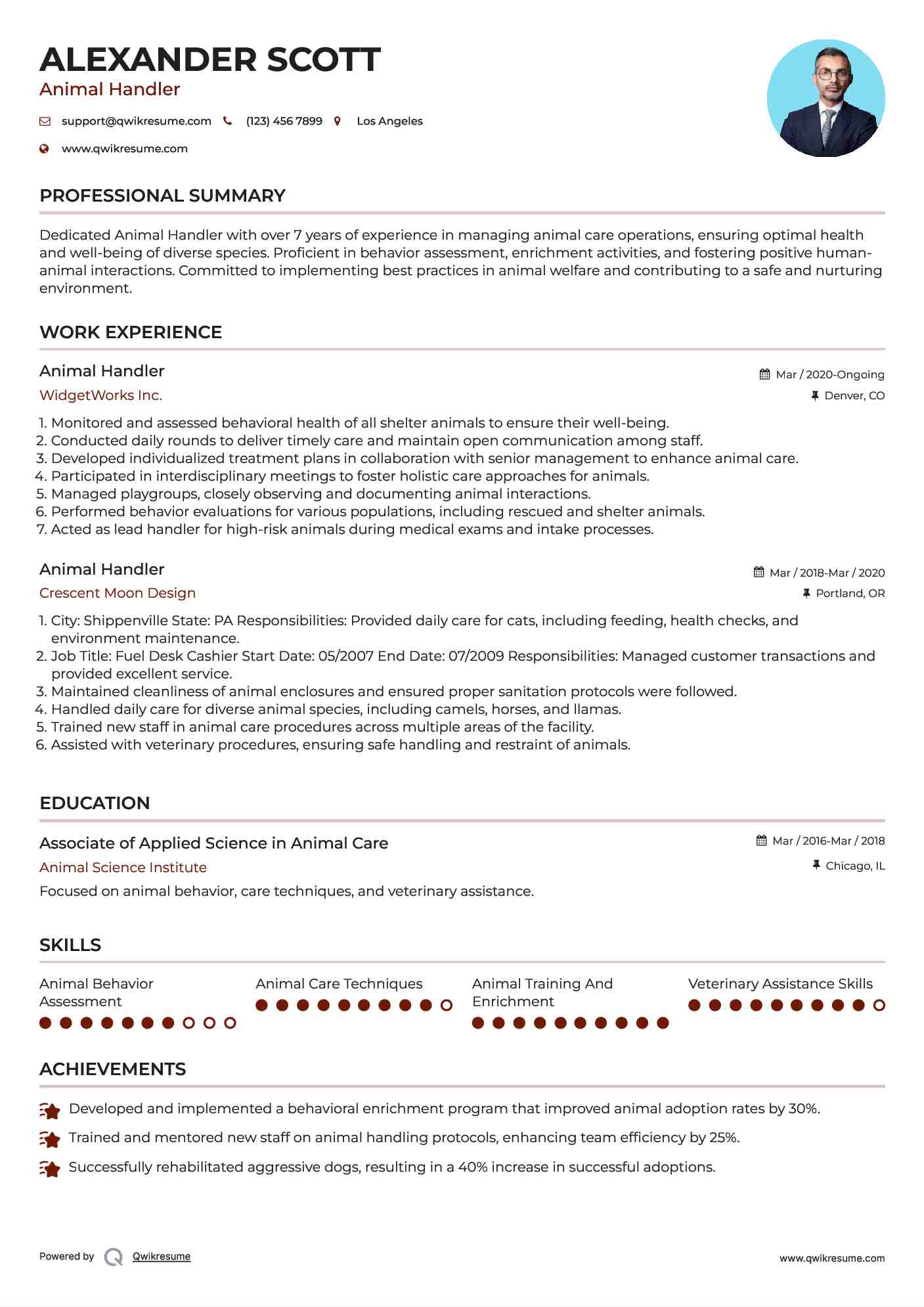 Animal Handler Resume Samples QwikResume