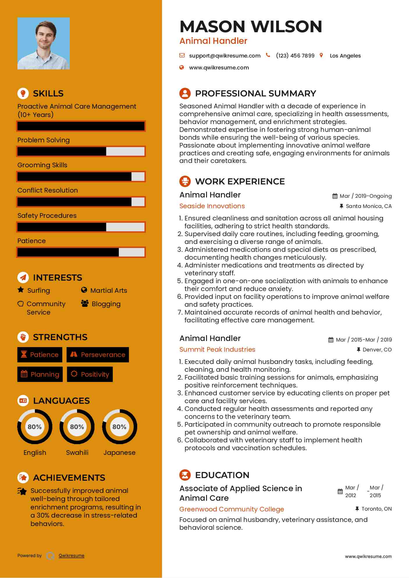 Animal Handler Resume Samples QwikResume