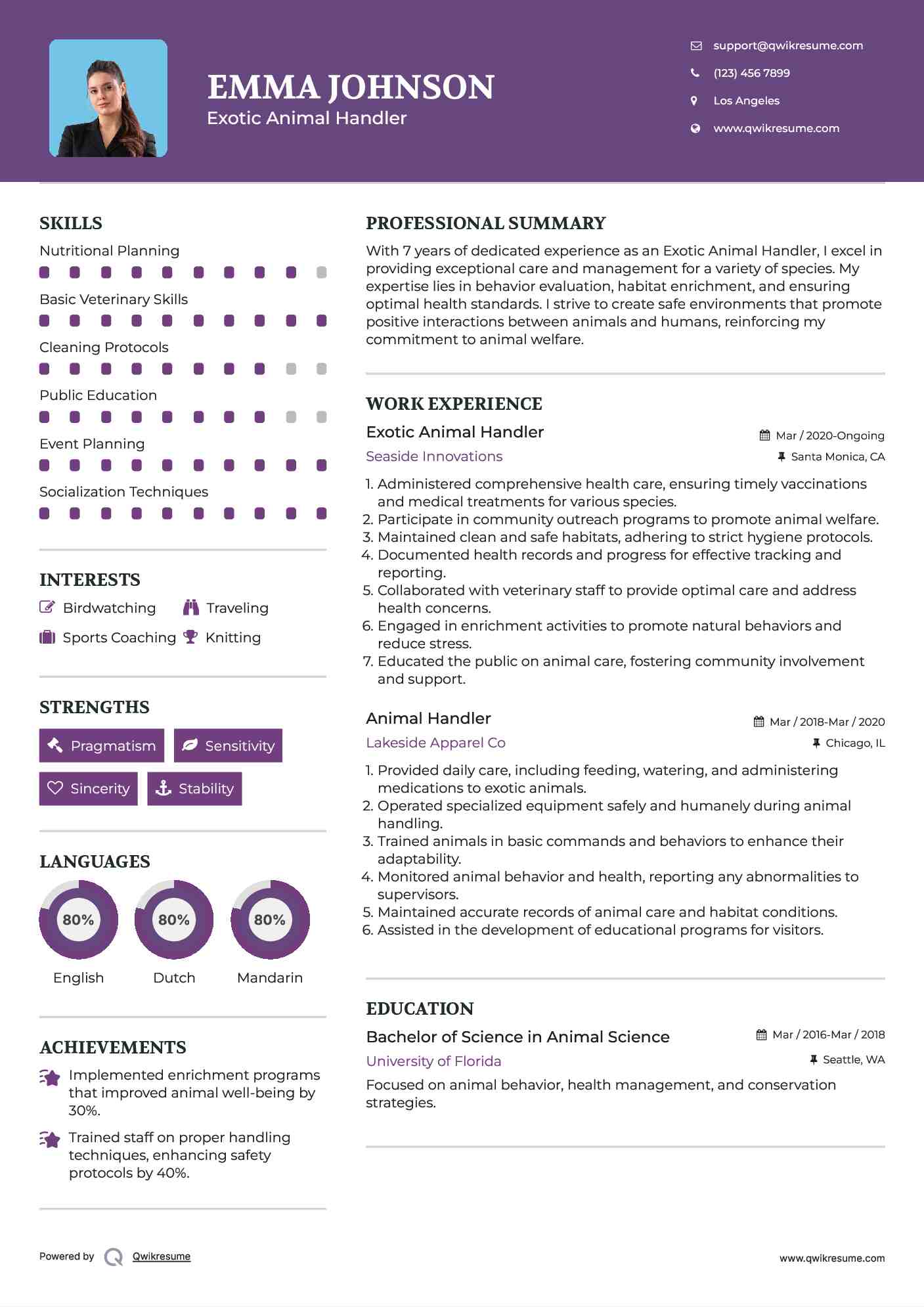 Exotic Animal Handler Resume Format