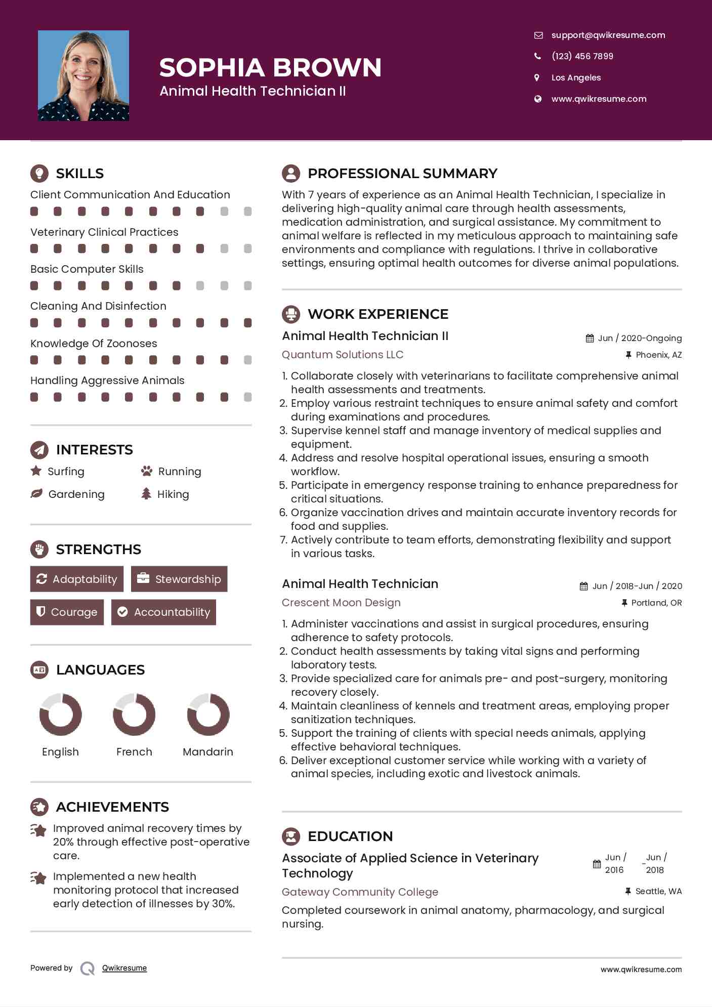 Animal Health Technician II Resume Example