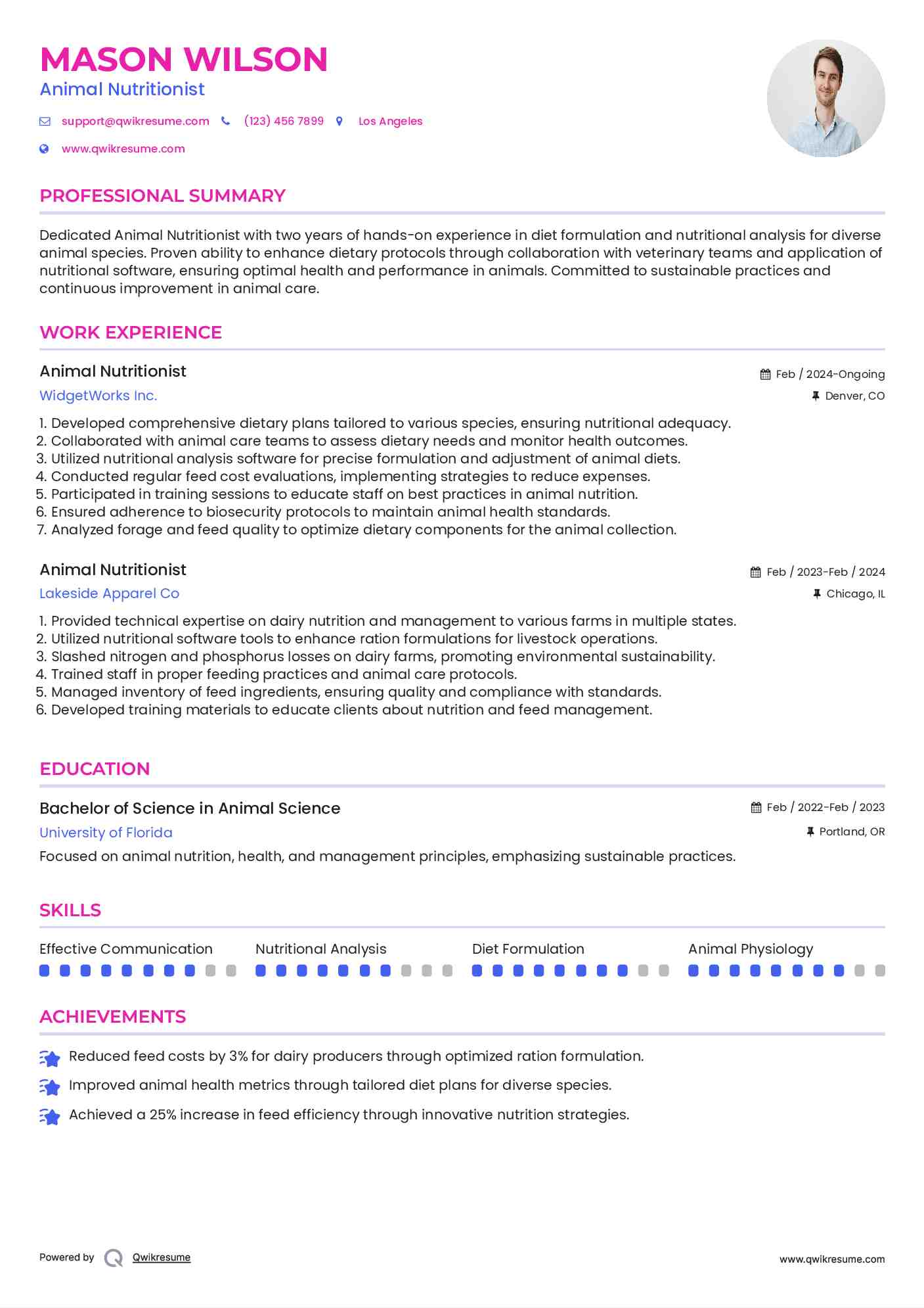 Animal Nutritionist Resume Template
