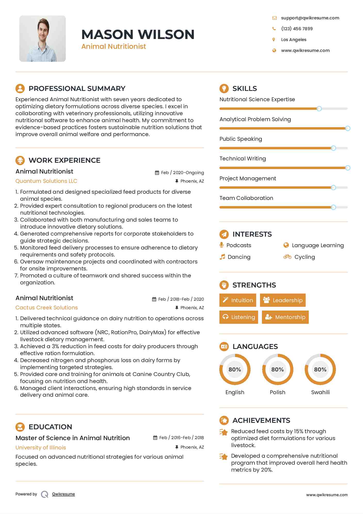 Animal Nutritionist Resume Example