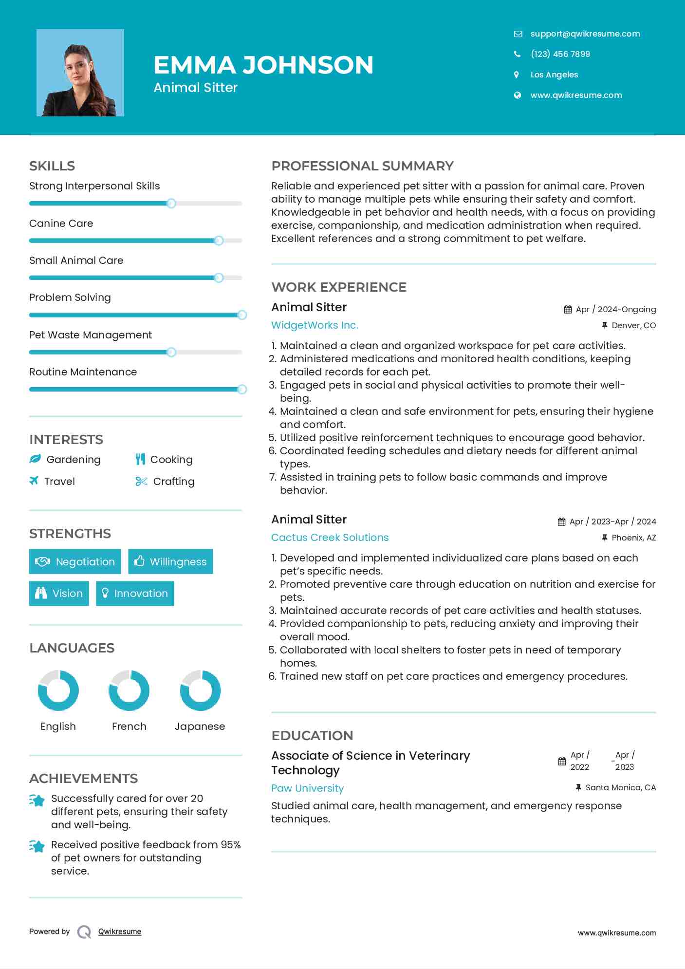 Animal Sitter Resume Example