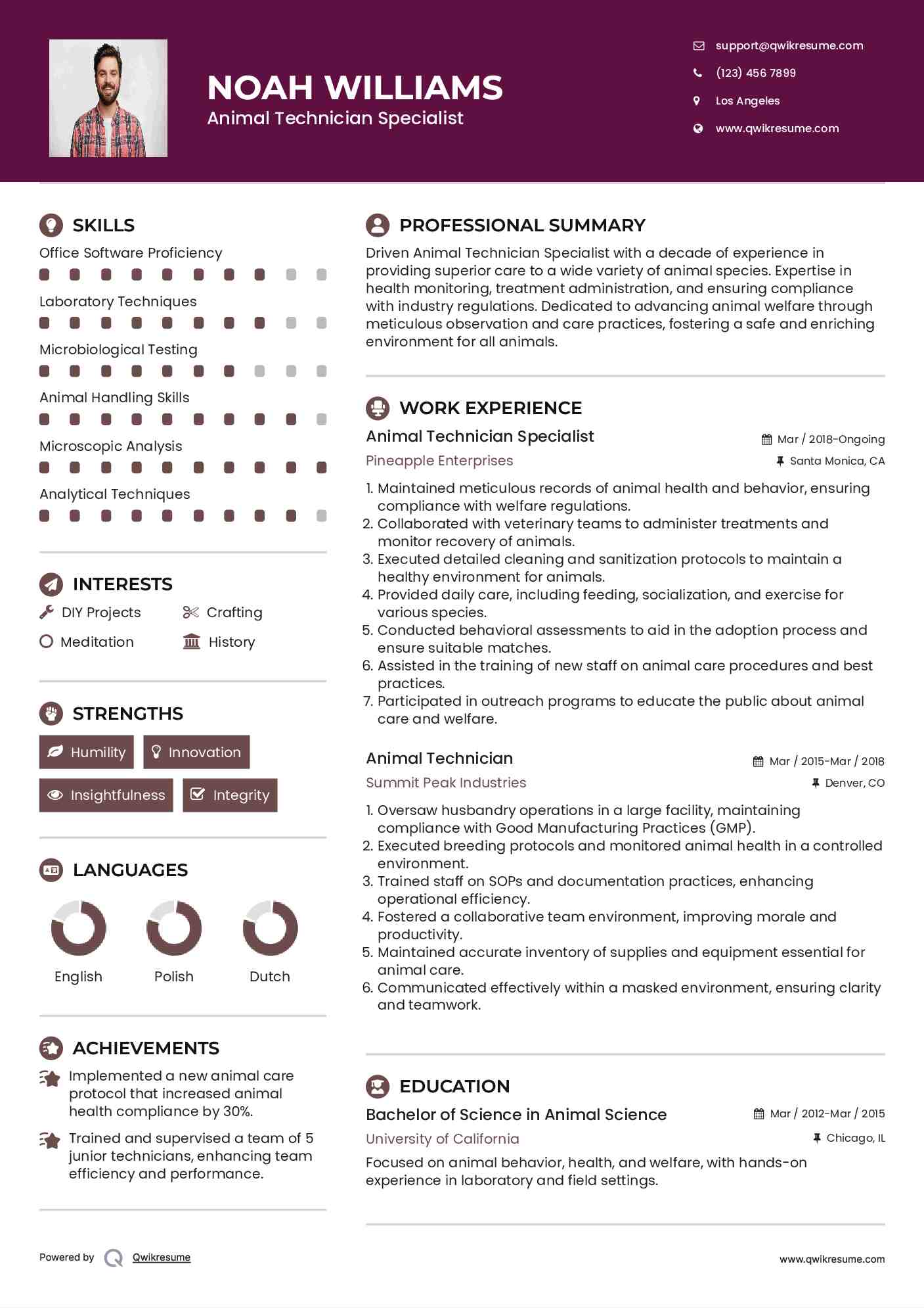 Animal Technician Specialist Resume Example