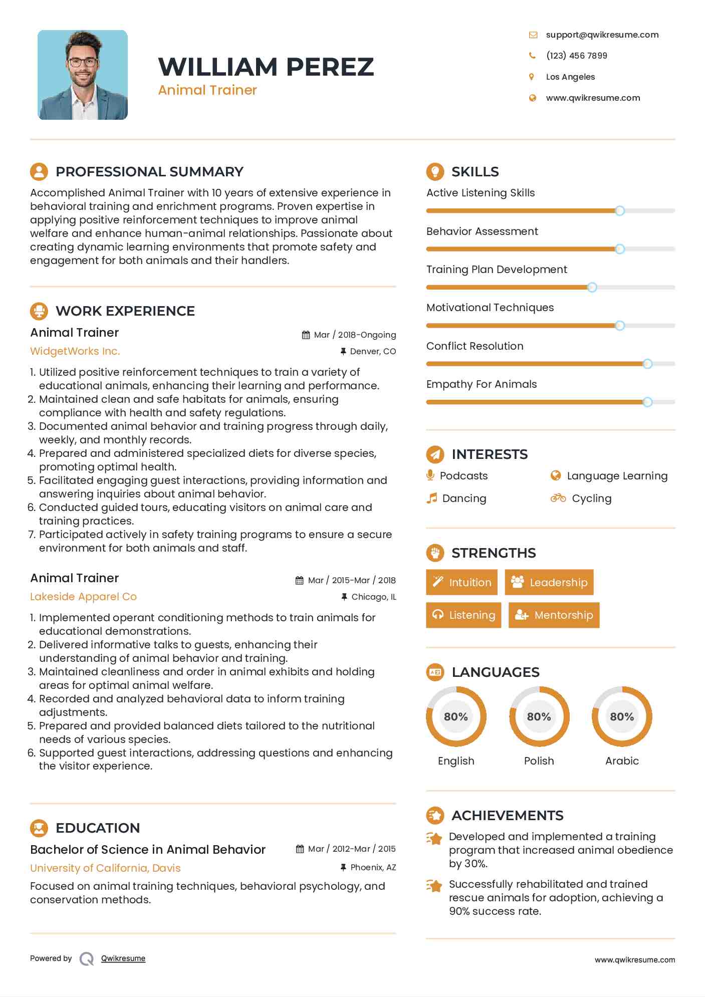 Animal Trainer Resume Template