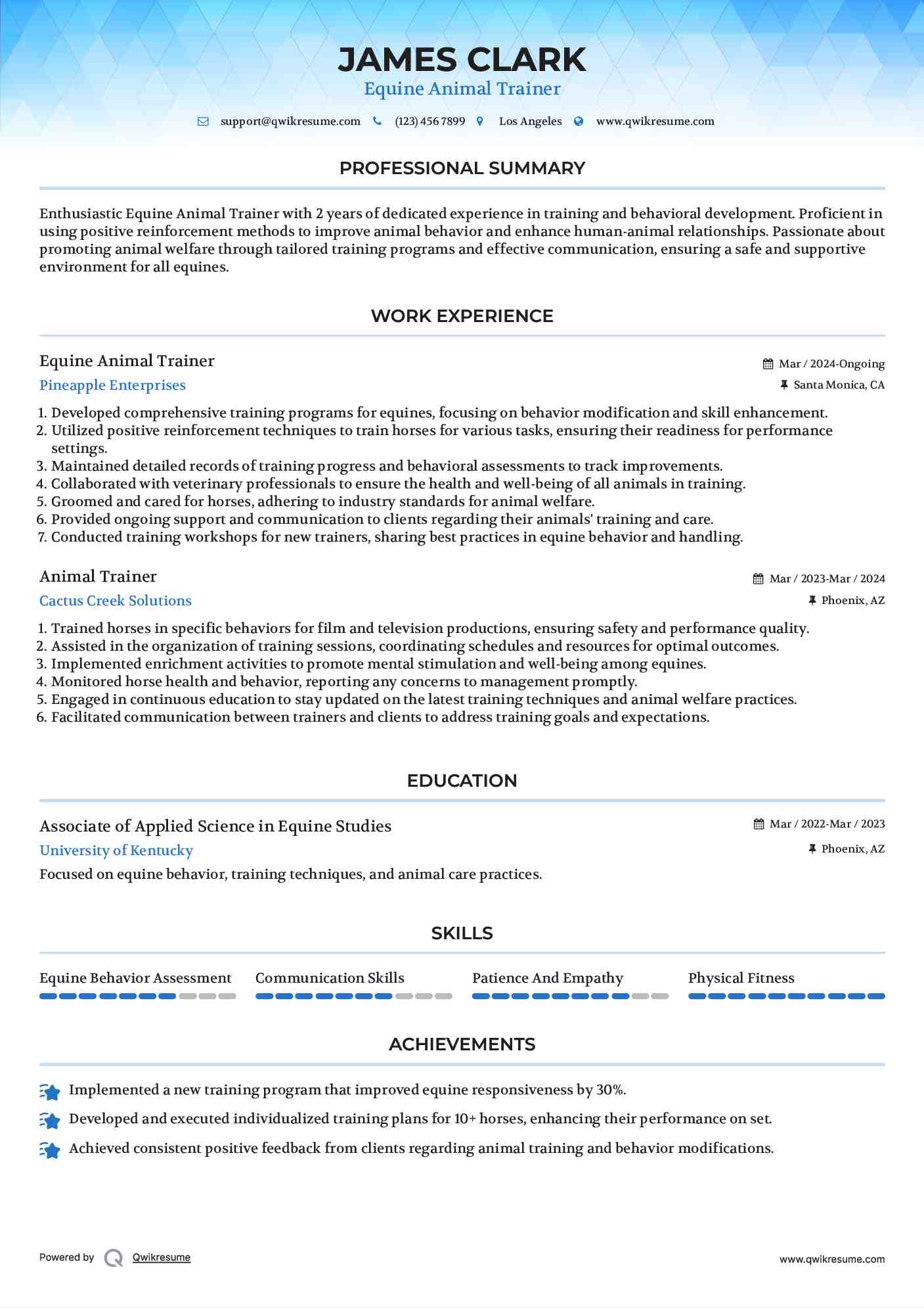 Equine Animal Trainer Resume Sample