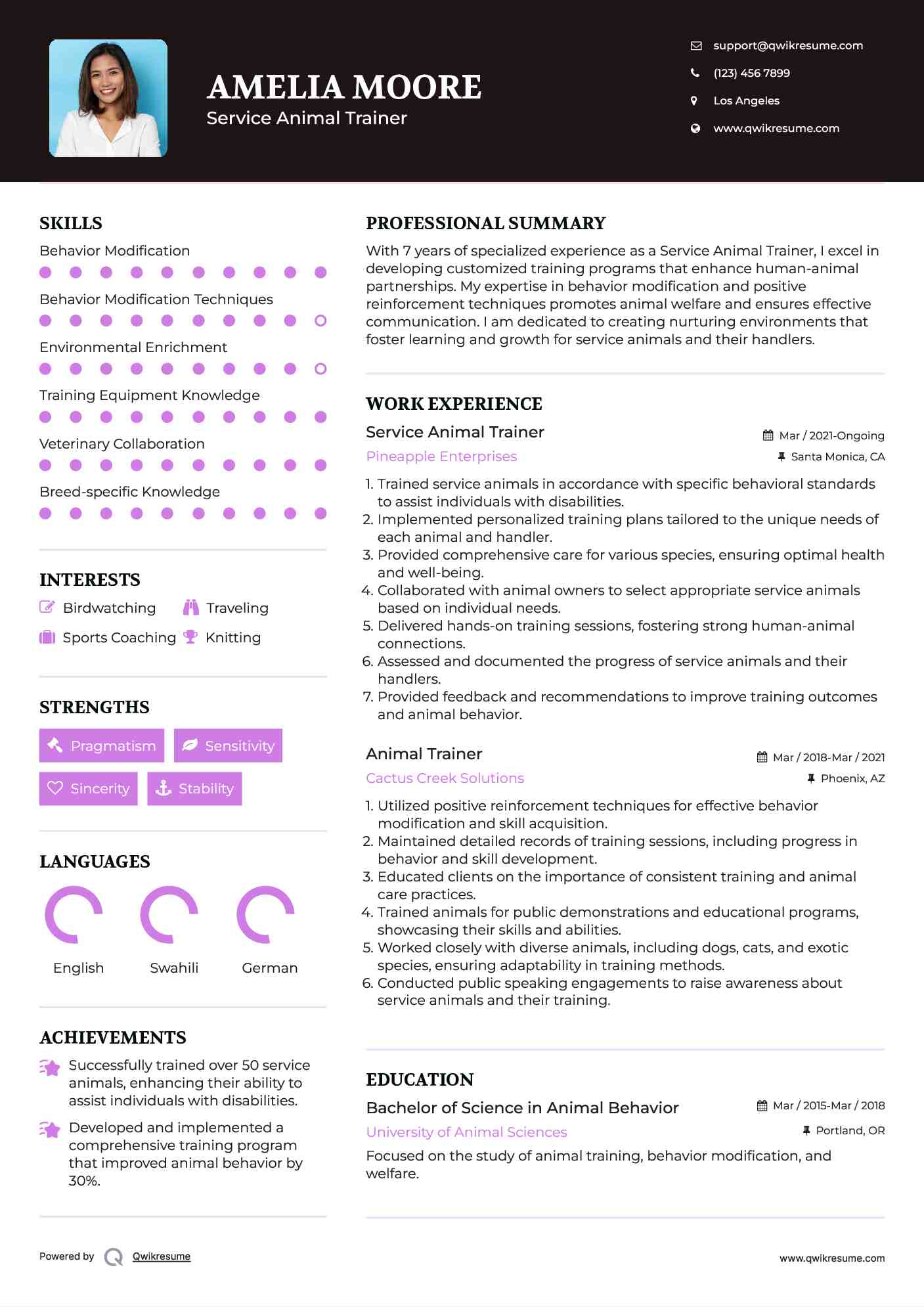 Service Animal Trainer Resume Sample