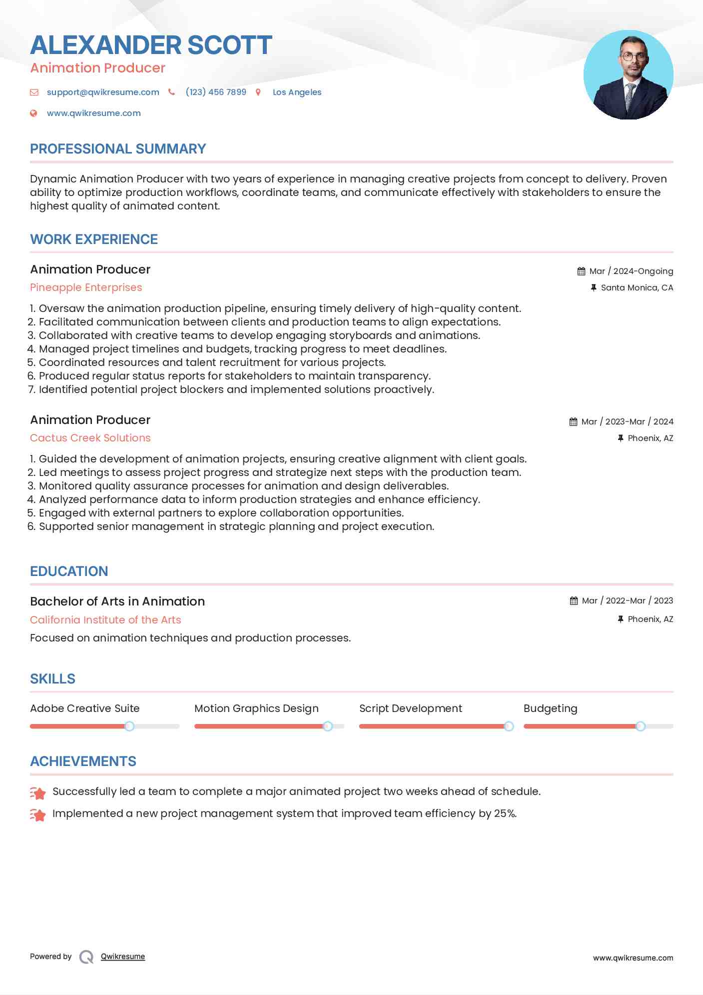 Animation Producer Resume Sample
