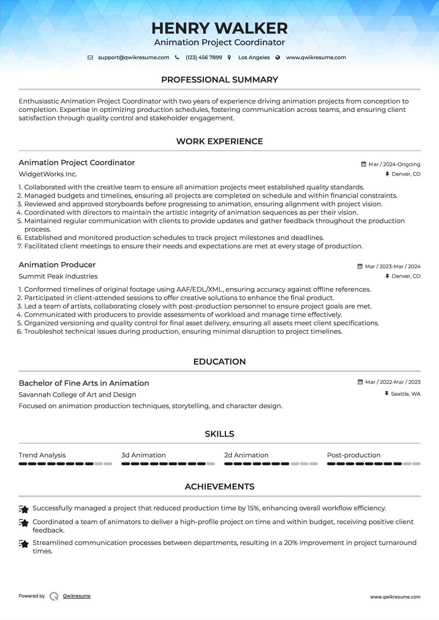 Animation Project Coordinator Resume Model