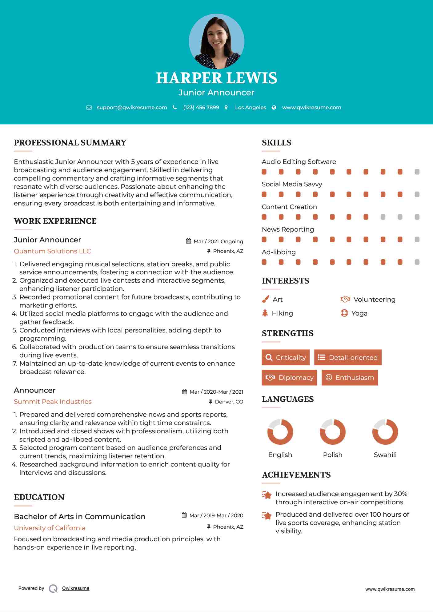 Junior Announcer Resume Example
