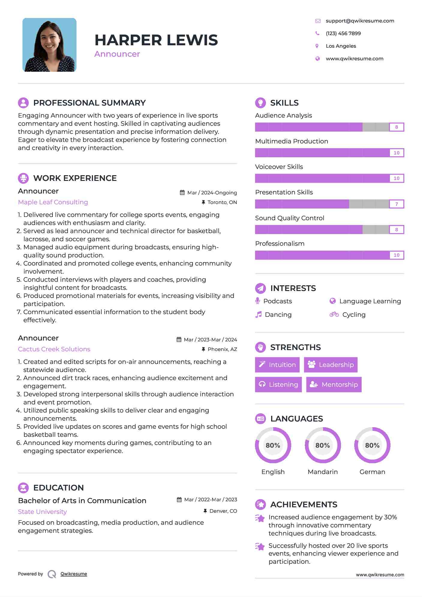 Announcer Resume Example