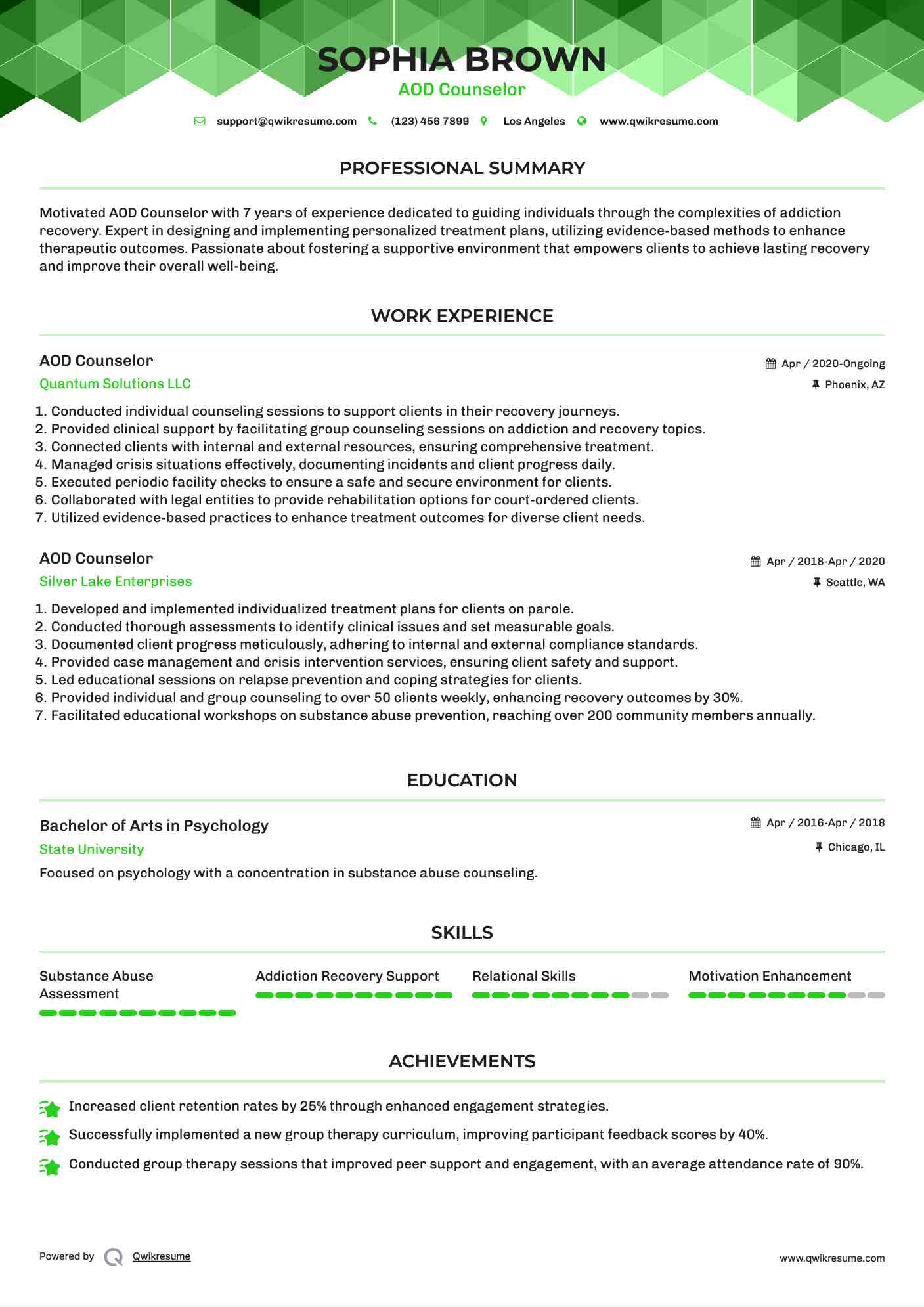 AOD Counselor Resume Example
