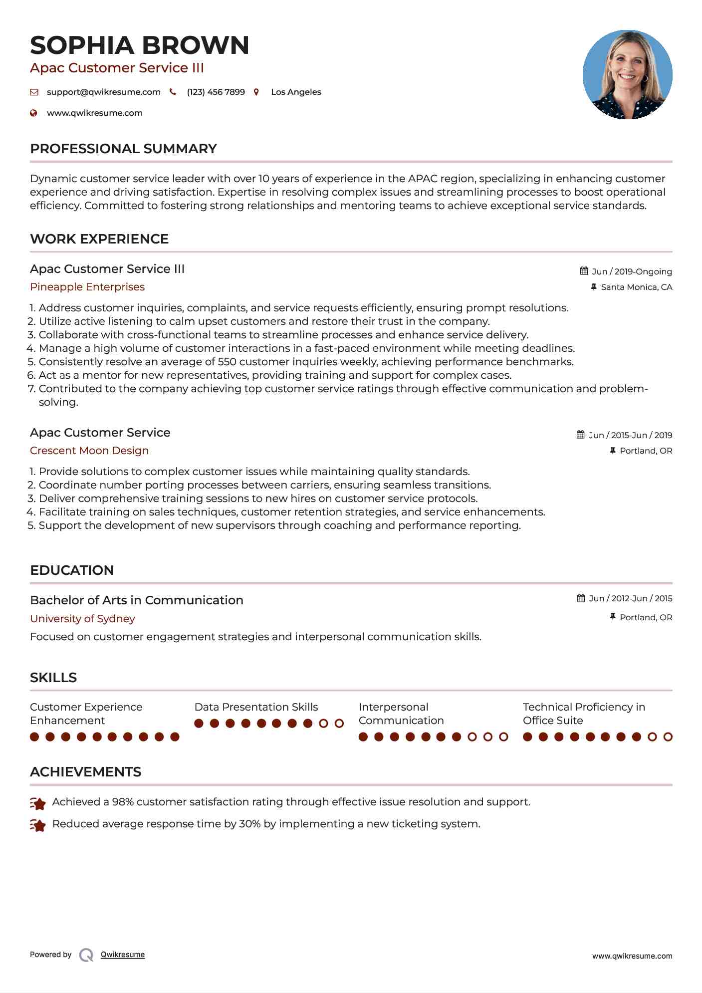 Apac Customer Service III Resume Sample