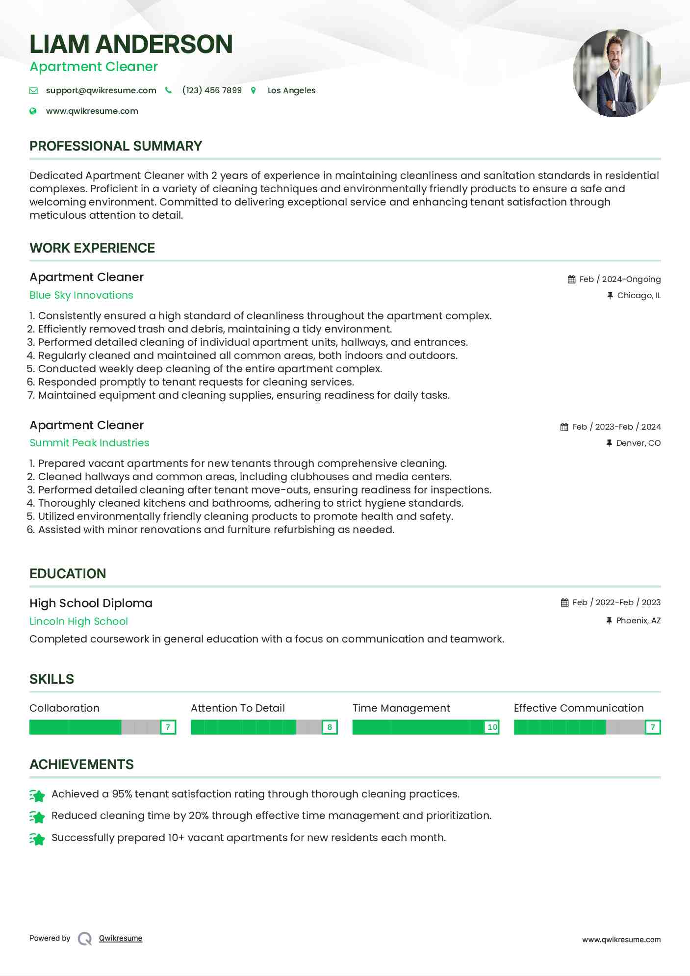 Apartment Cleaner Resume Model