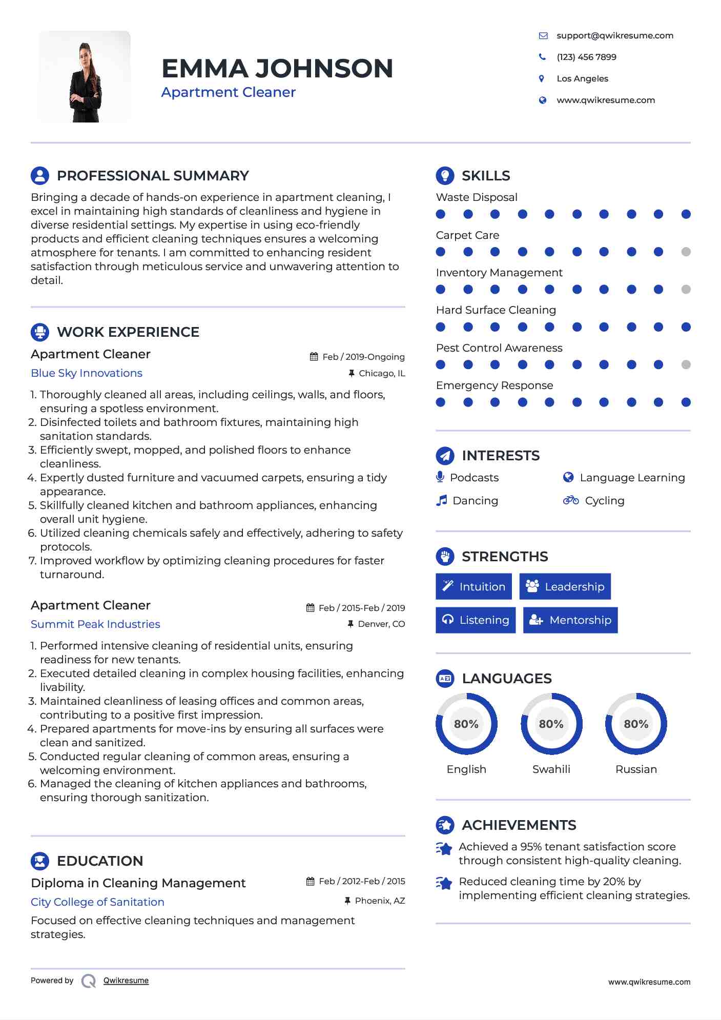 Apartment Cleaner Resume Format