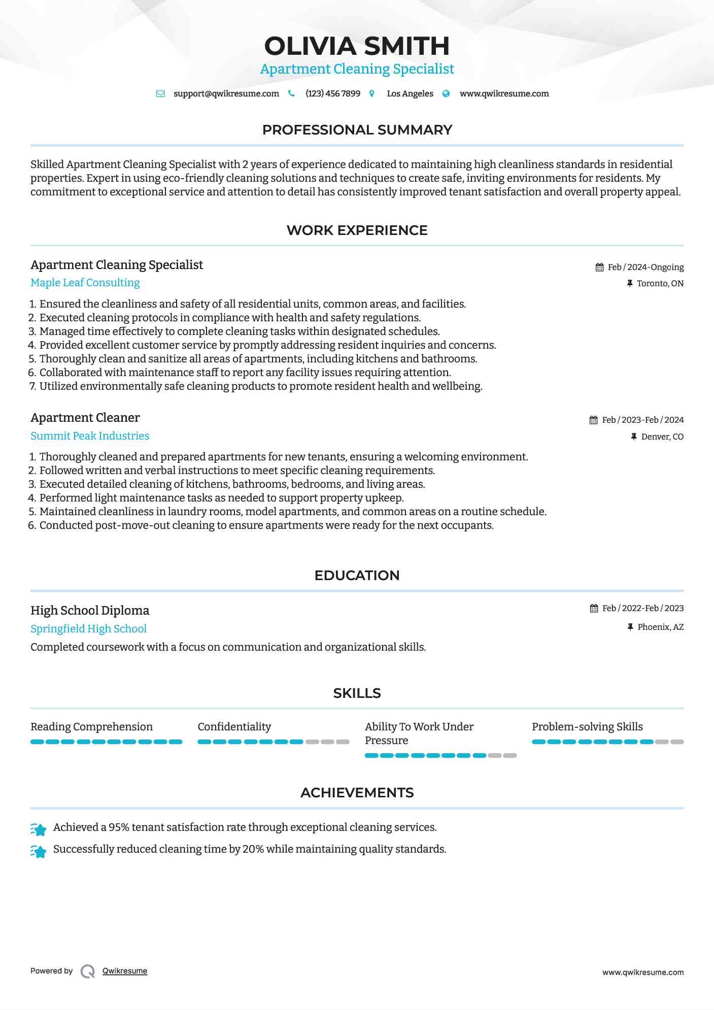 Apartment Cleaning Specialist Resume Format