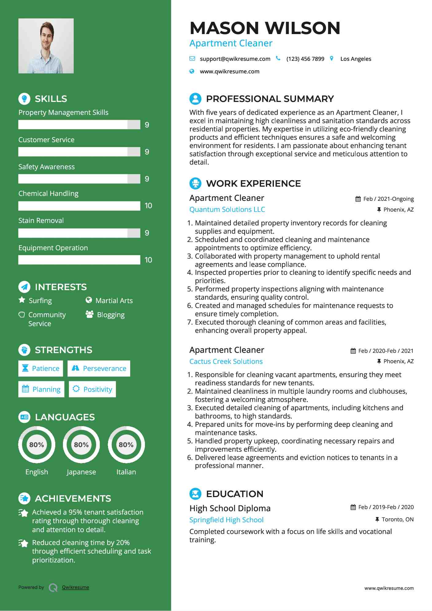 Apartment Cleaner Resume Sample