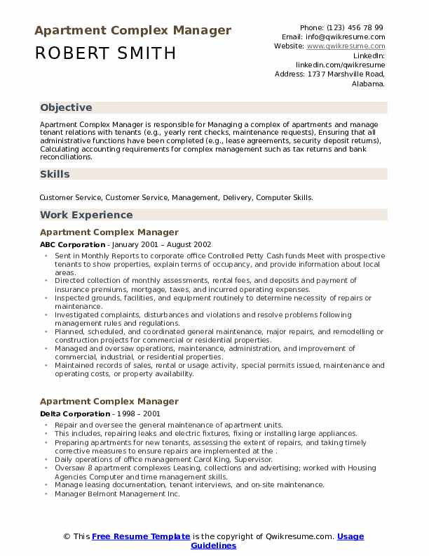 Apartment Complex Manager Resume Samples QwikResume