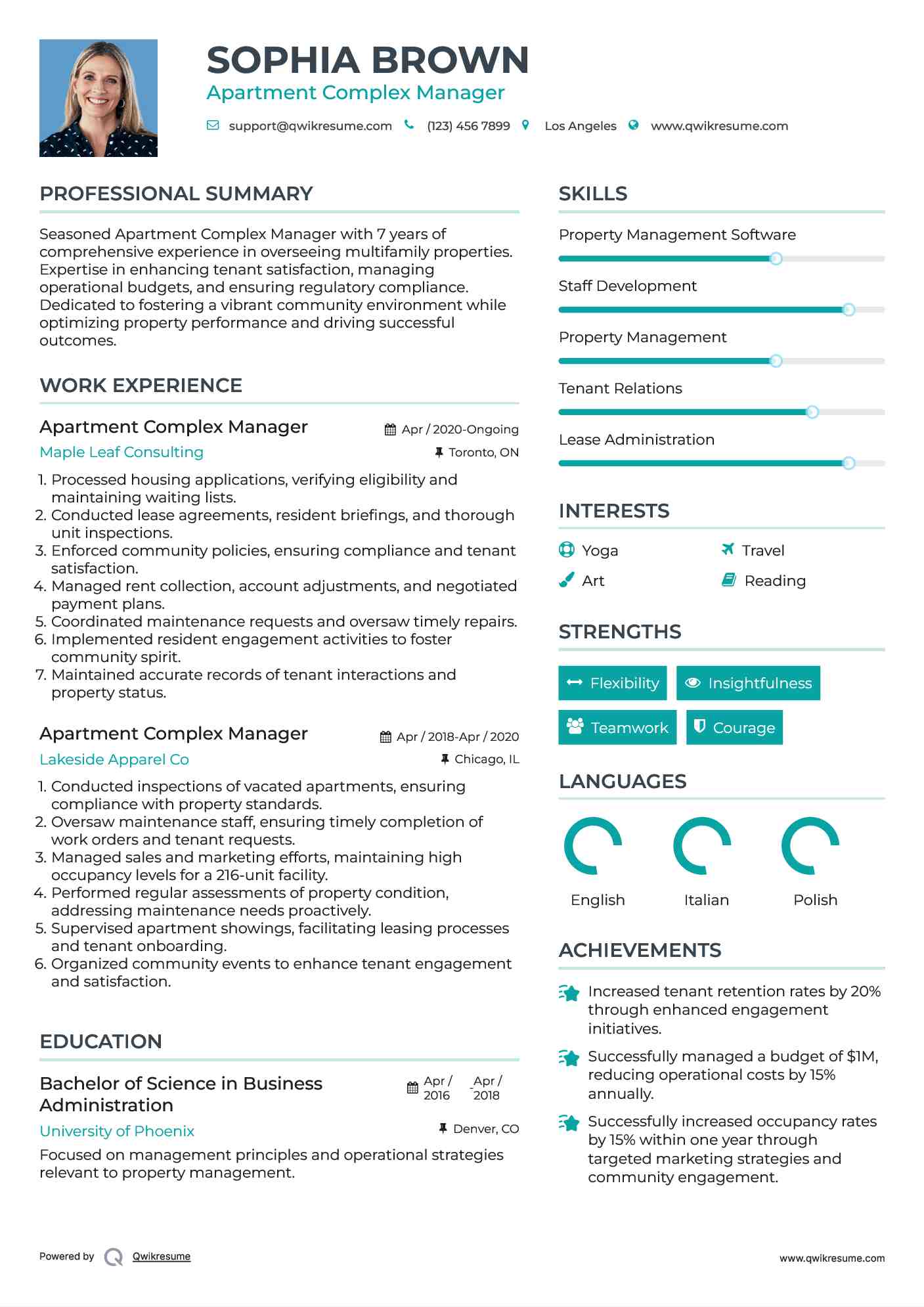 Apartment Complex Manager Resume Samples QwikResume