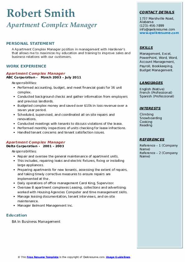 Apartment Complex Manager Resume Samples QwikResume