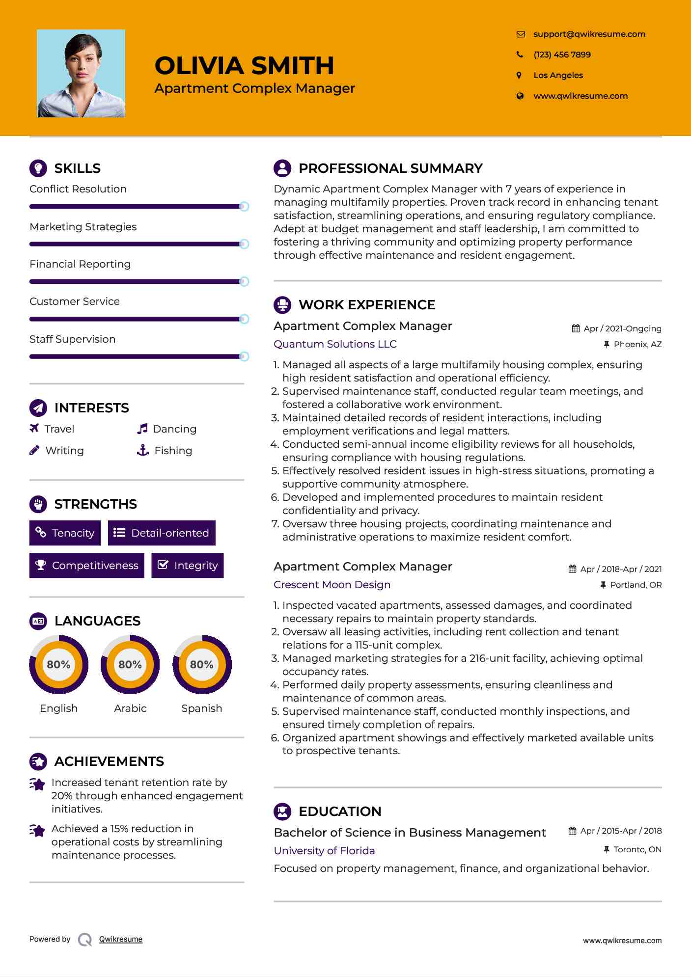 Apartment Complex Manager Resume Samples QwikResume