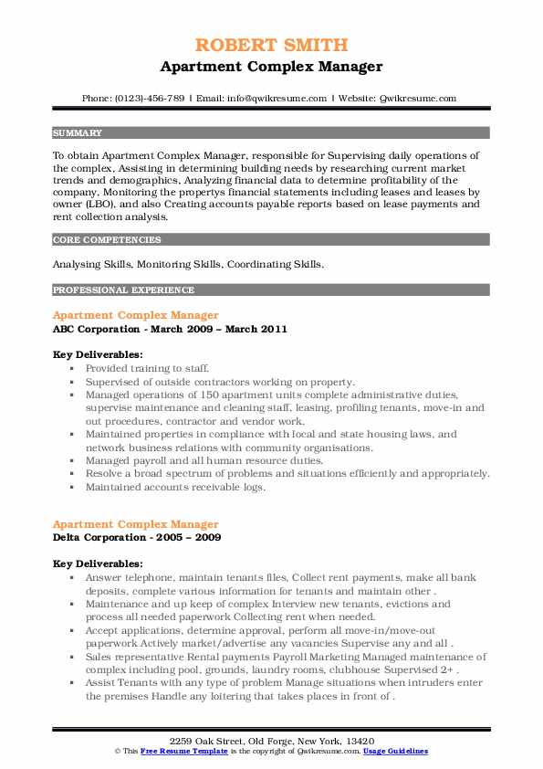 Apartment Complex Manager Resume Samples QwikResume