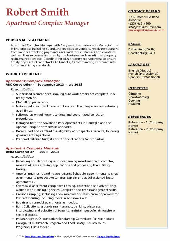 Apartment Complex Manager Resume Samples QwikResume