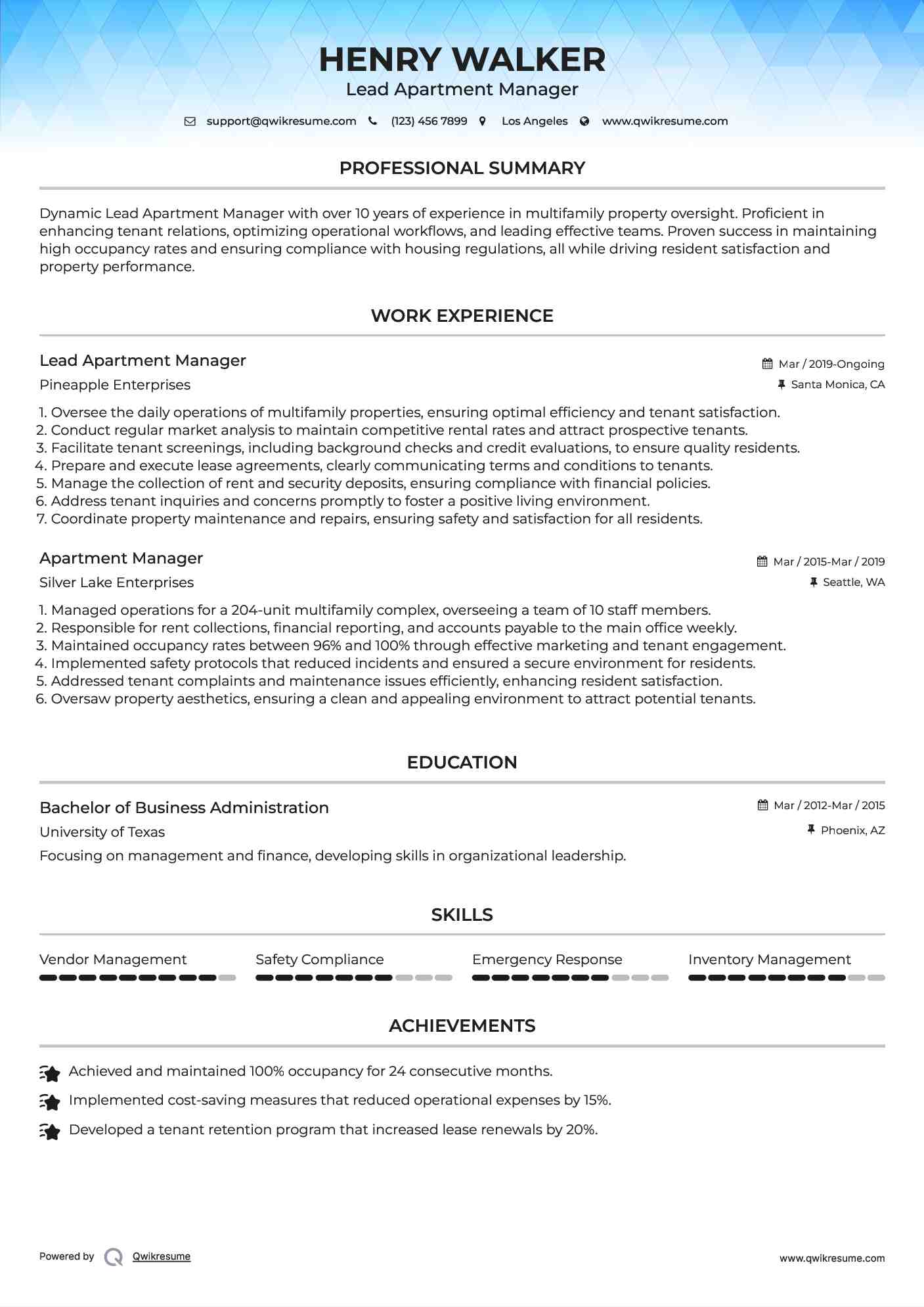 Lead Apartment Manager Resume Template