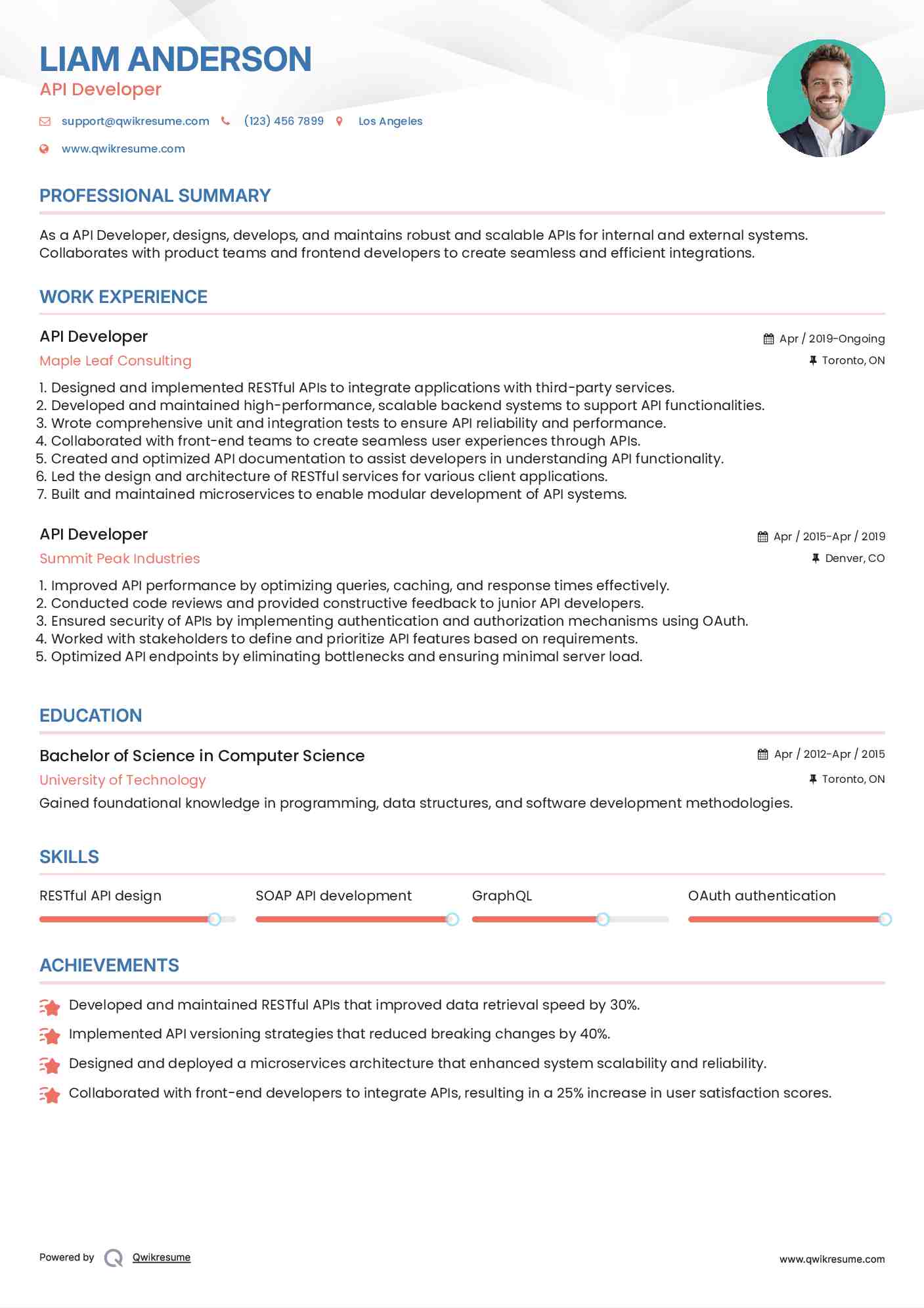 API Developer Resume Example