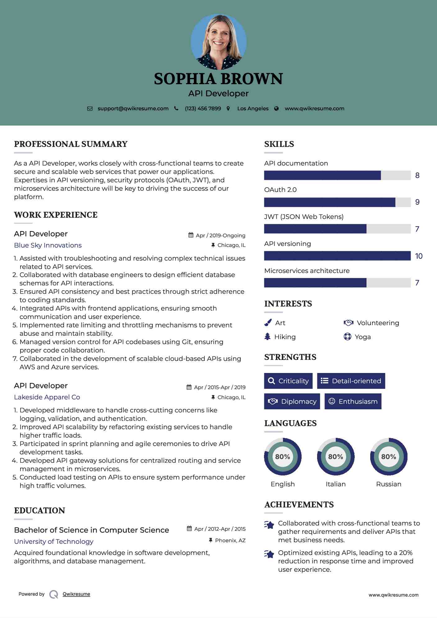 API Developer Resume Example