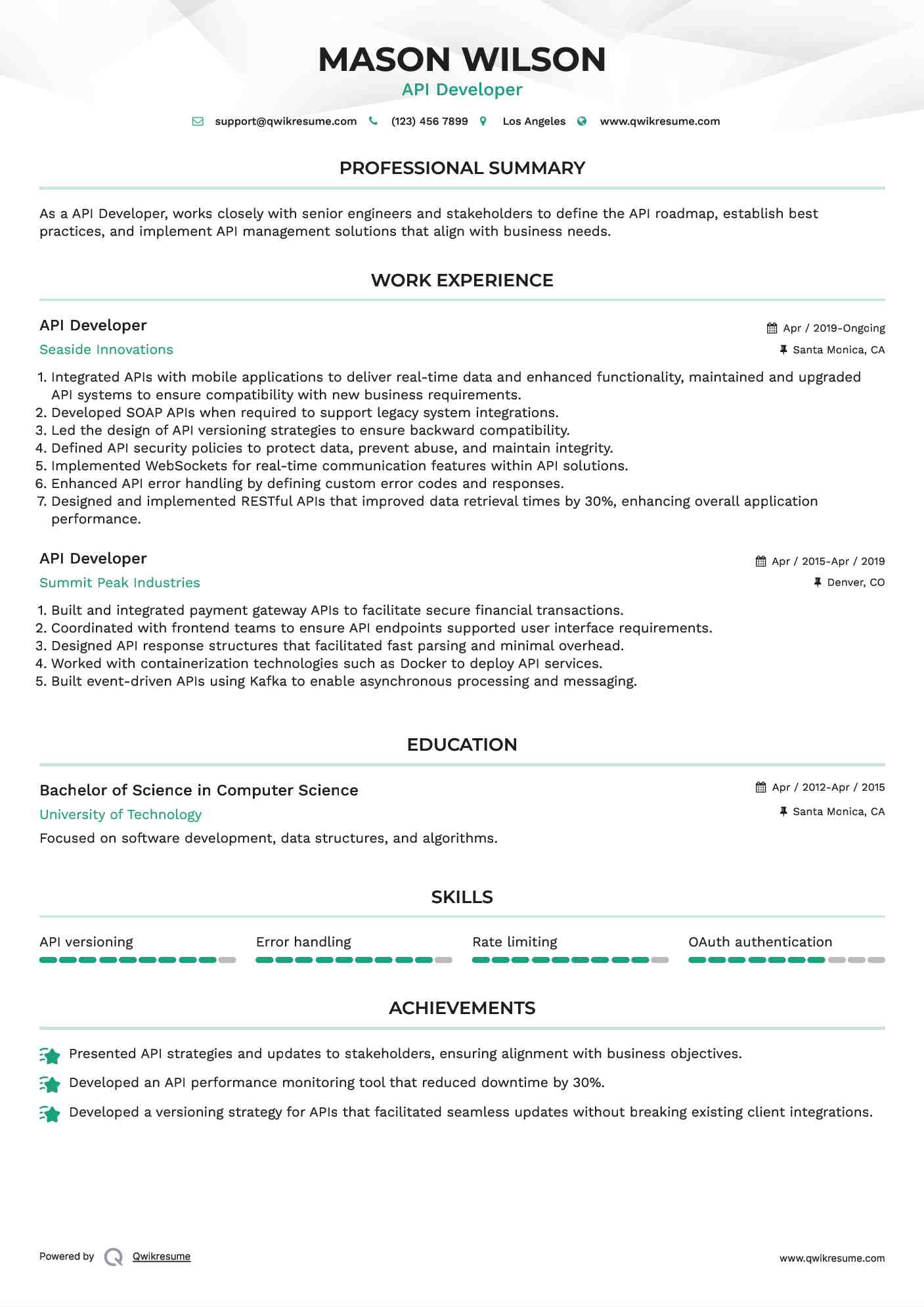 API Developer Resume Template