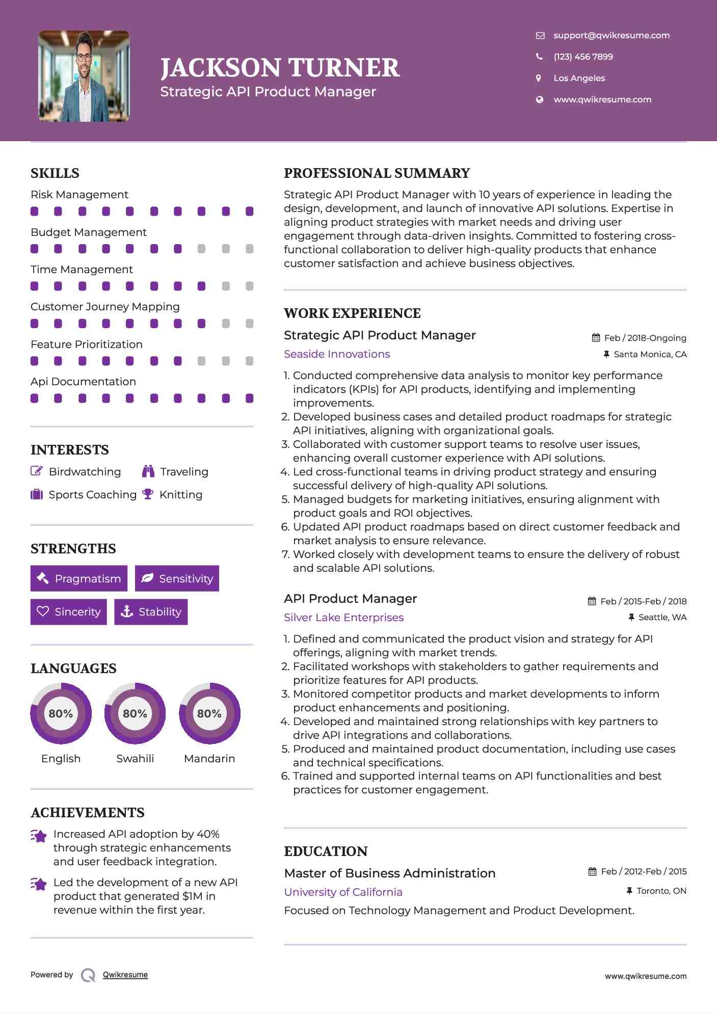 Strategic API Product Manager Resume Example