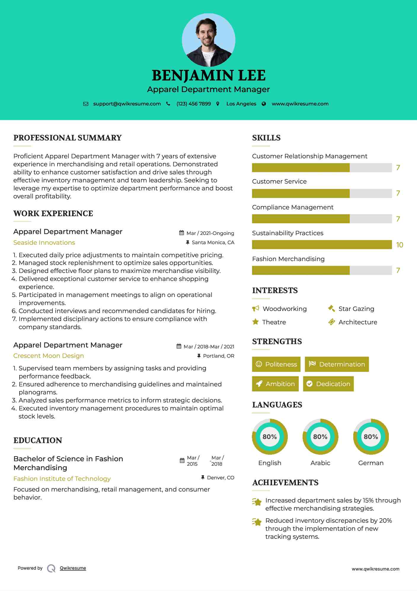 Apparel Department Manager Resume Format