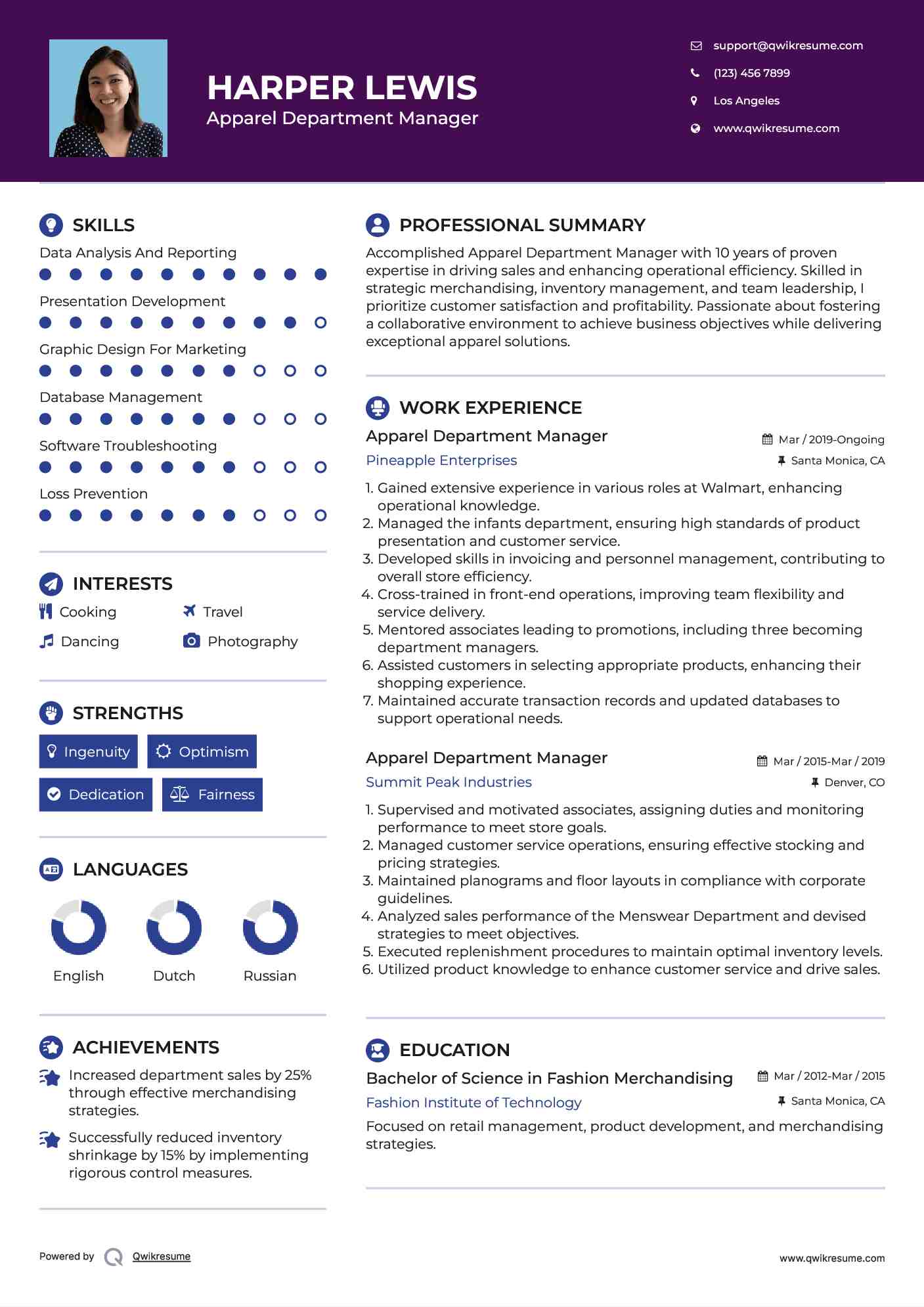 Apparel Department Manager Resume Model