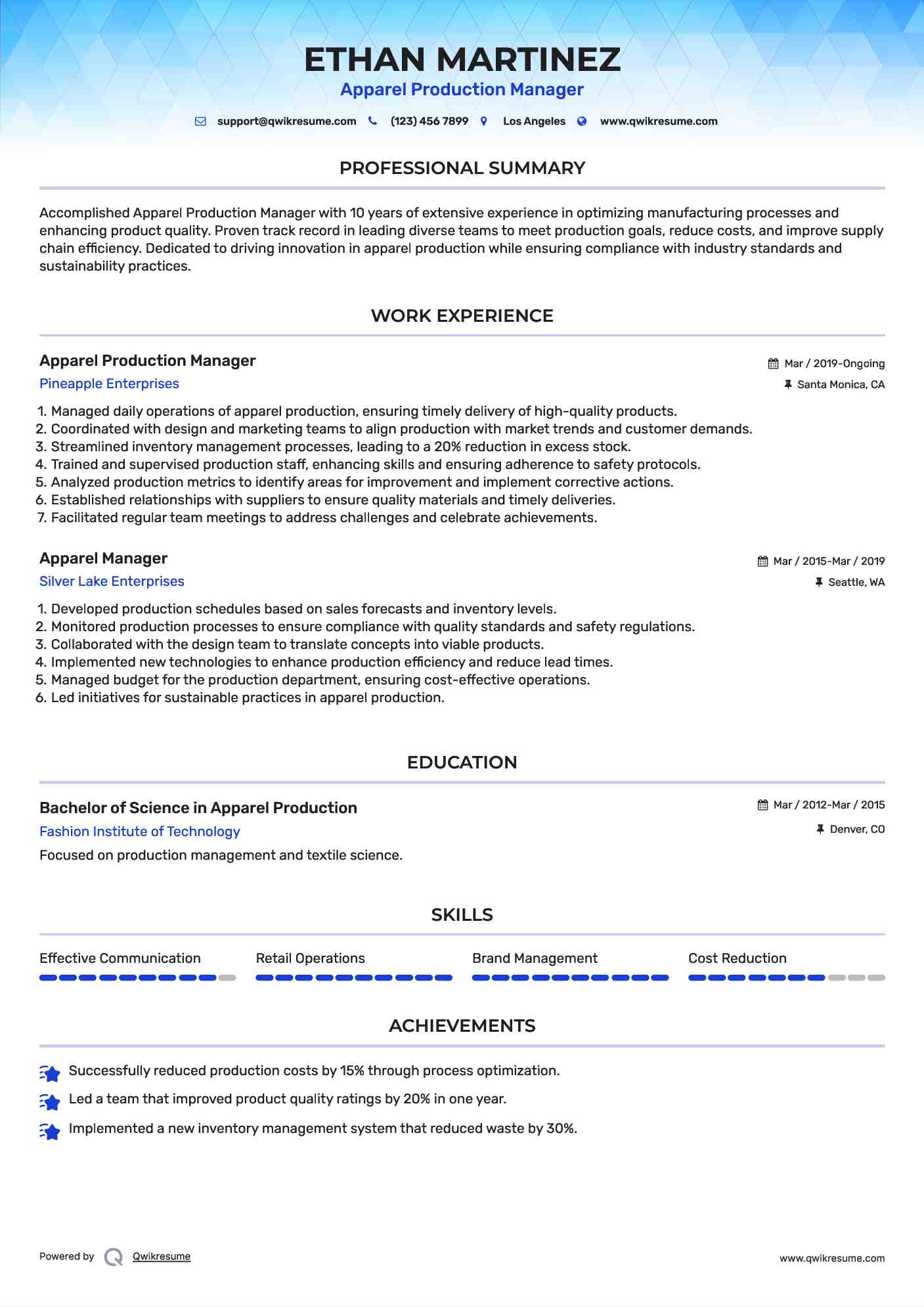 Apparel Production Manager Resume Format