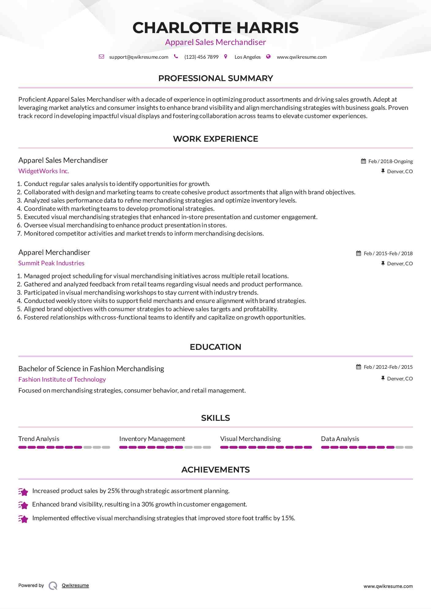 Apparel Sales Merchandiser Resume Example