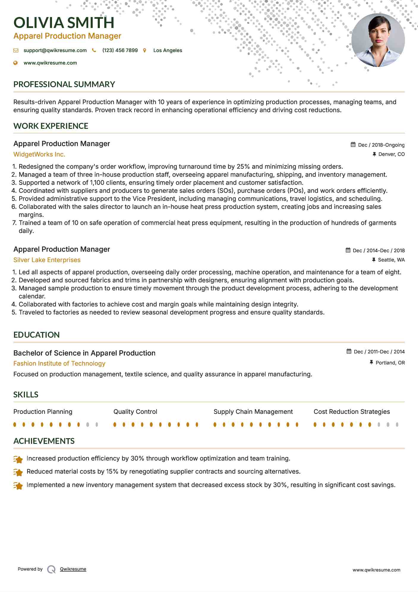 Apparel Production Manager Resume Example
