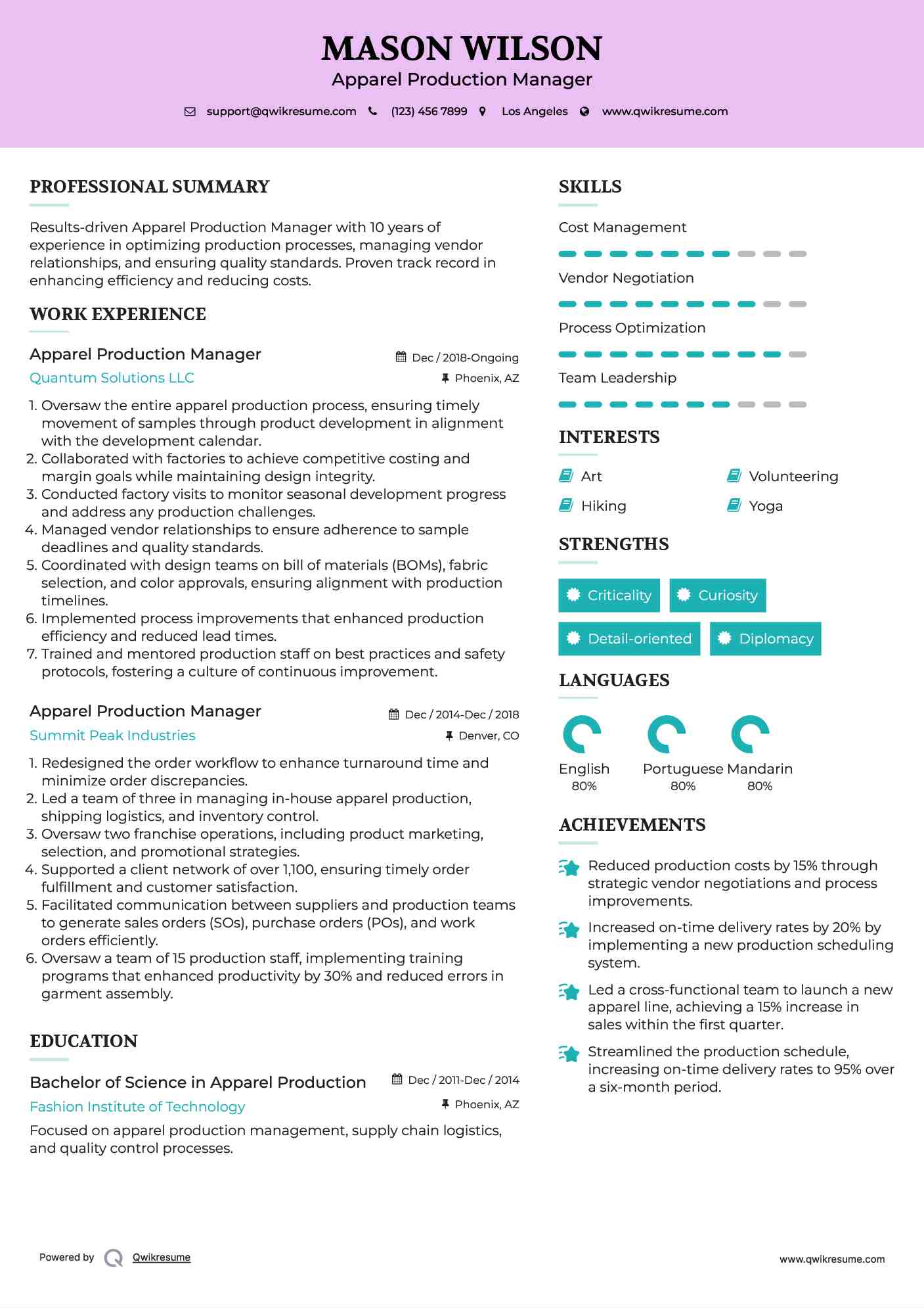 Apparel Production Manager Resume Samples QwikResume