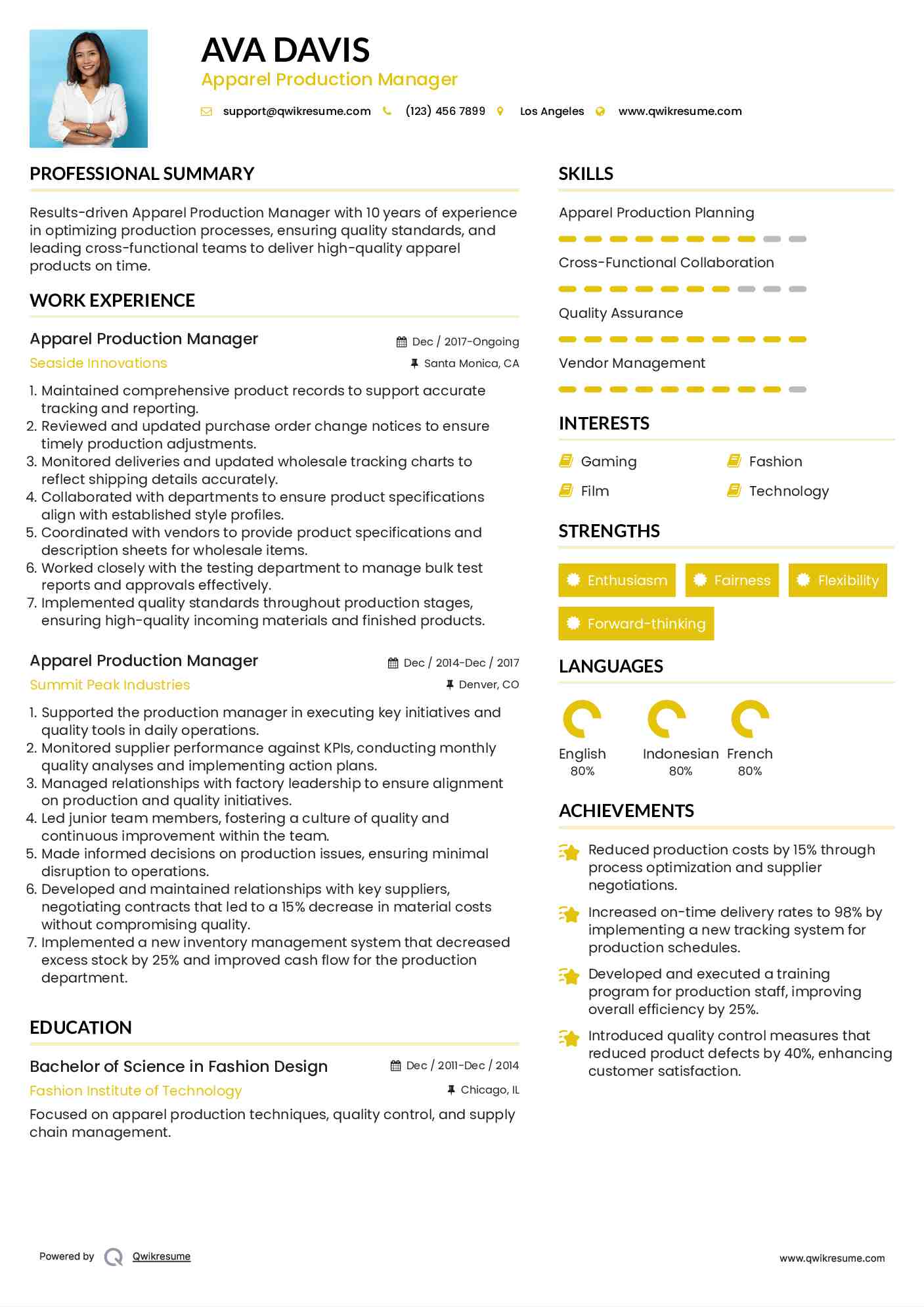 Apparel Production Manager Resume Format