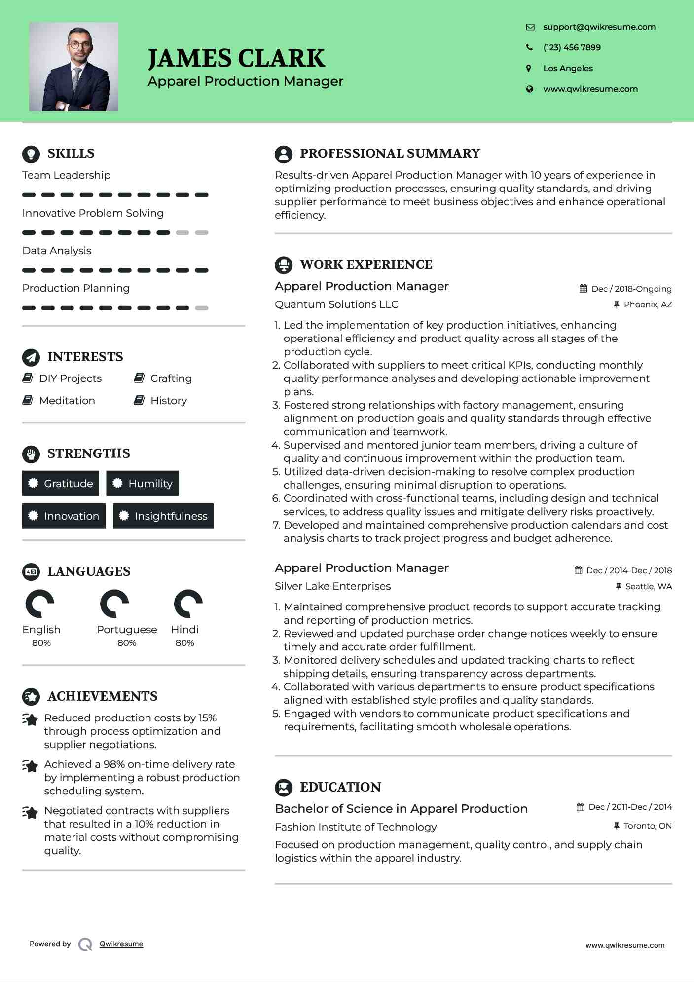 Apparel Production Manager Resume Samples QwikResume