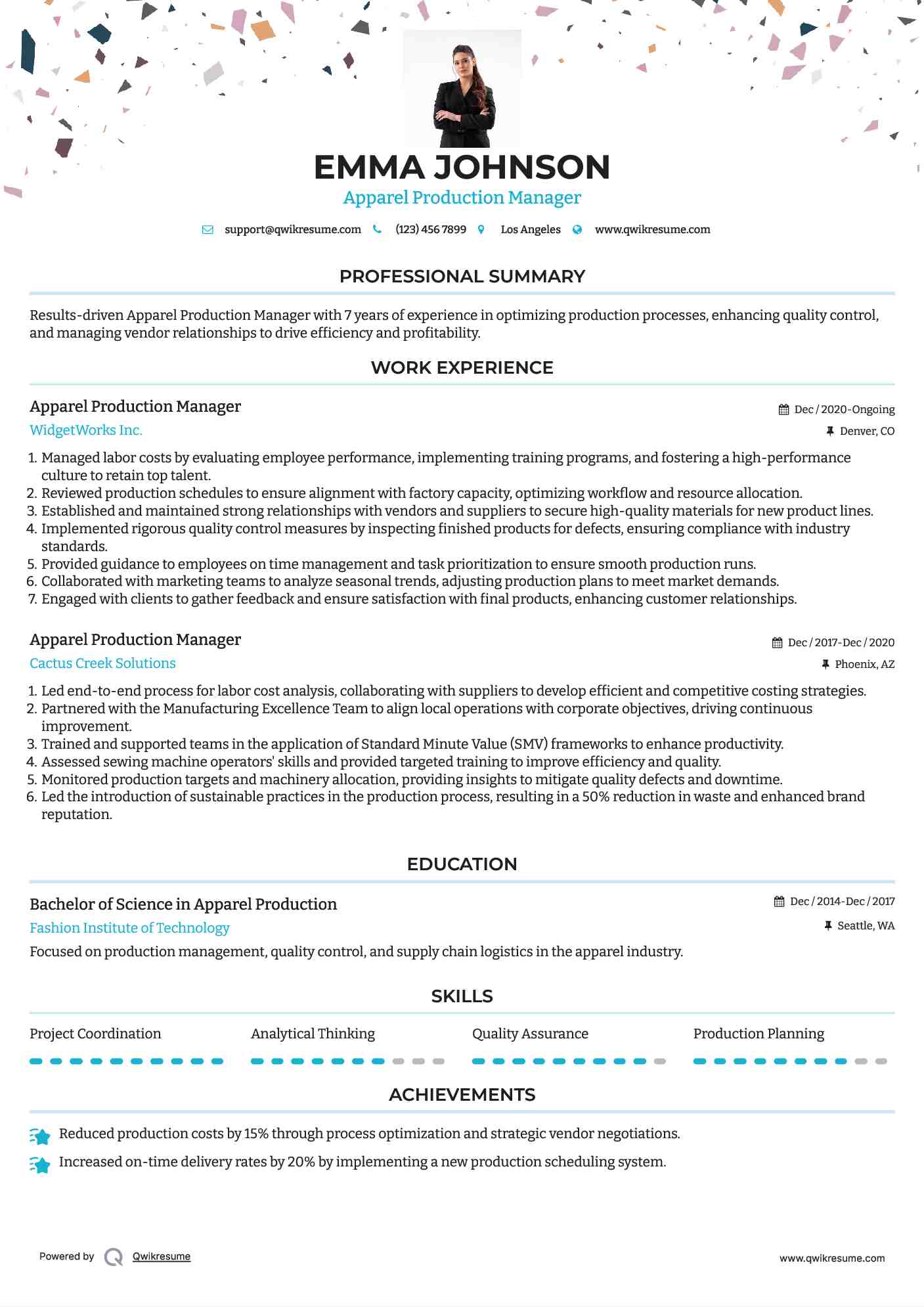 Apparel Production Manager Resume Model