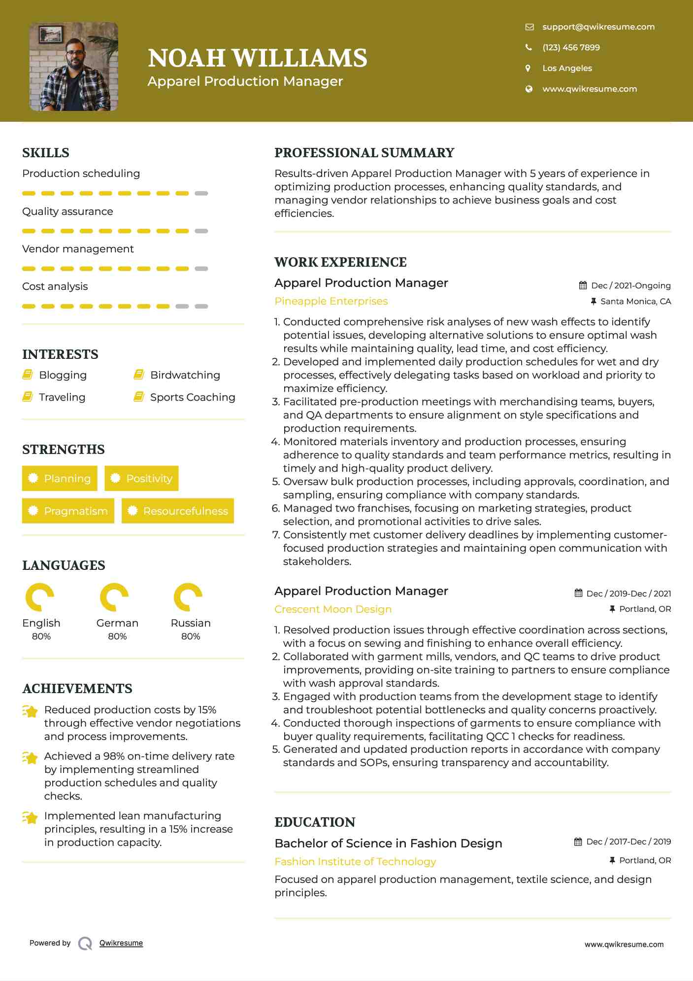 Apparel Production Manager Resume Example