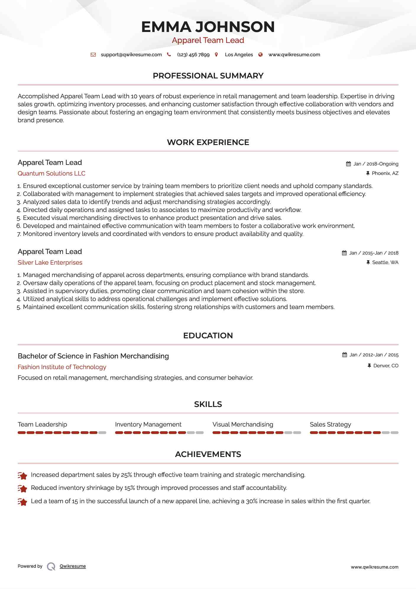 Apparel Team Lead Resume Samples QwikResume