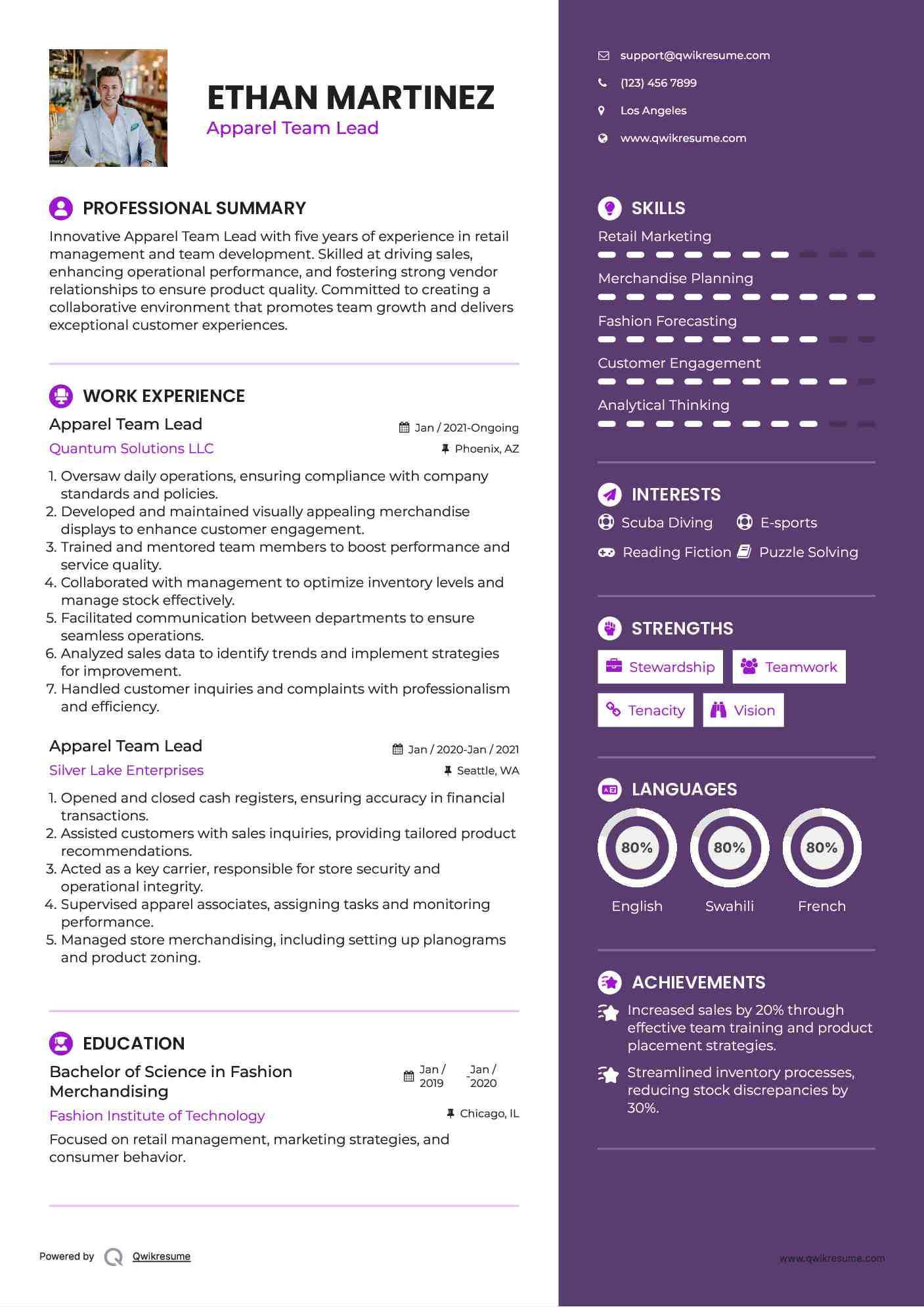 Apparel Team Lead Resume Samples QwikResume