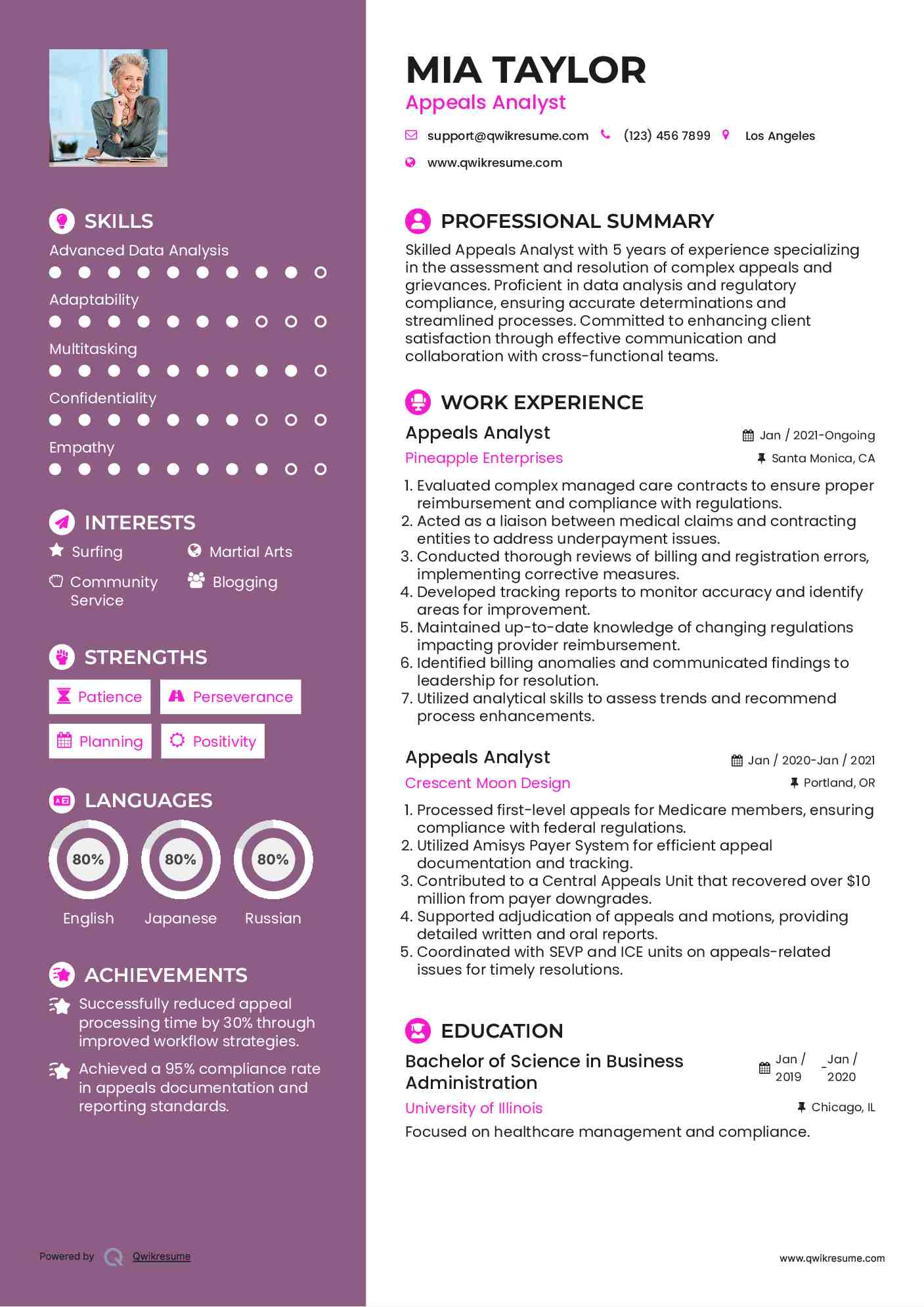 Appeals Analyst Resume Sample