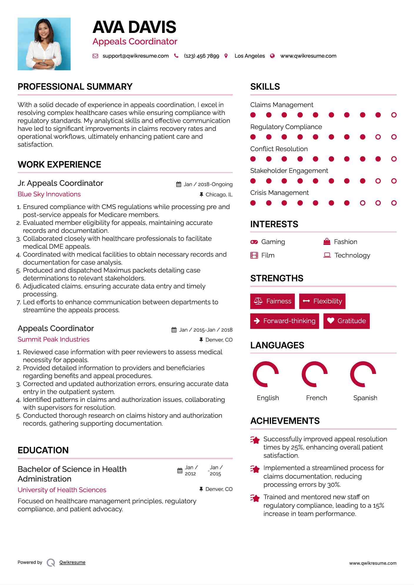 Jr. Appeals Coordinator Resume Model